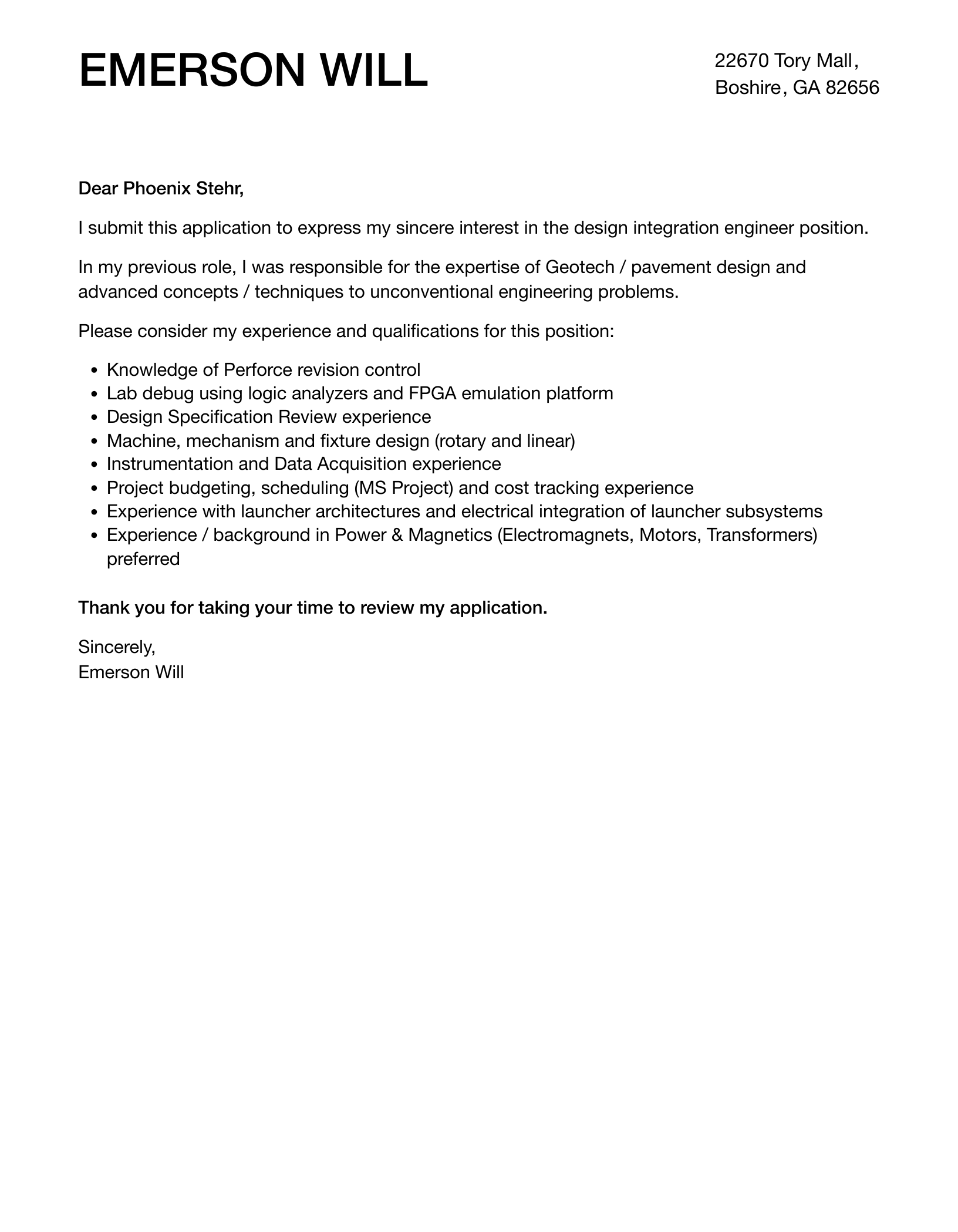 Design Integration Engineer Cover Letter Sample