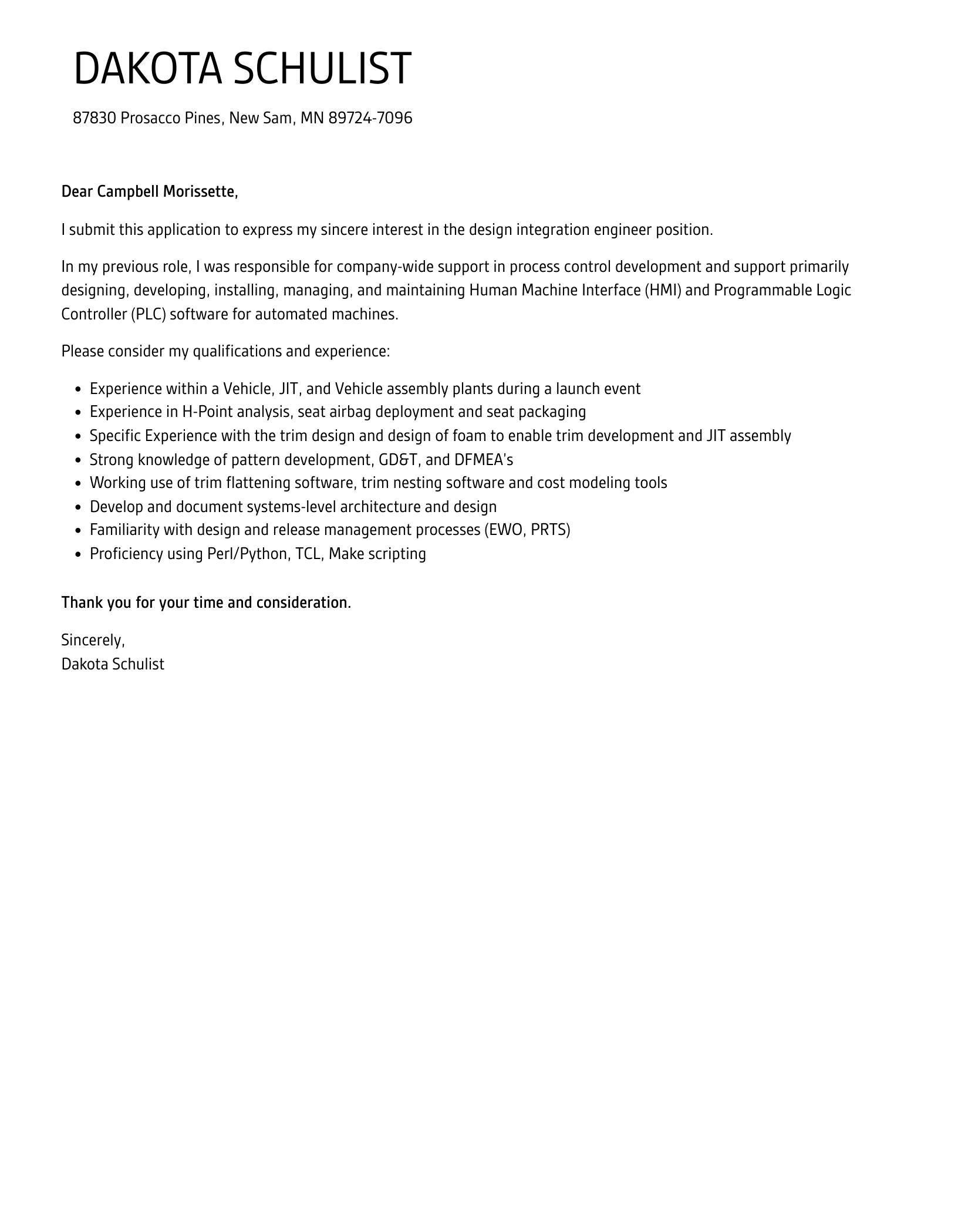 Design Integration Engineer Cover Letter Sample