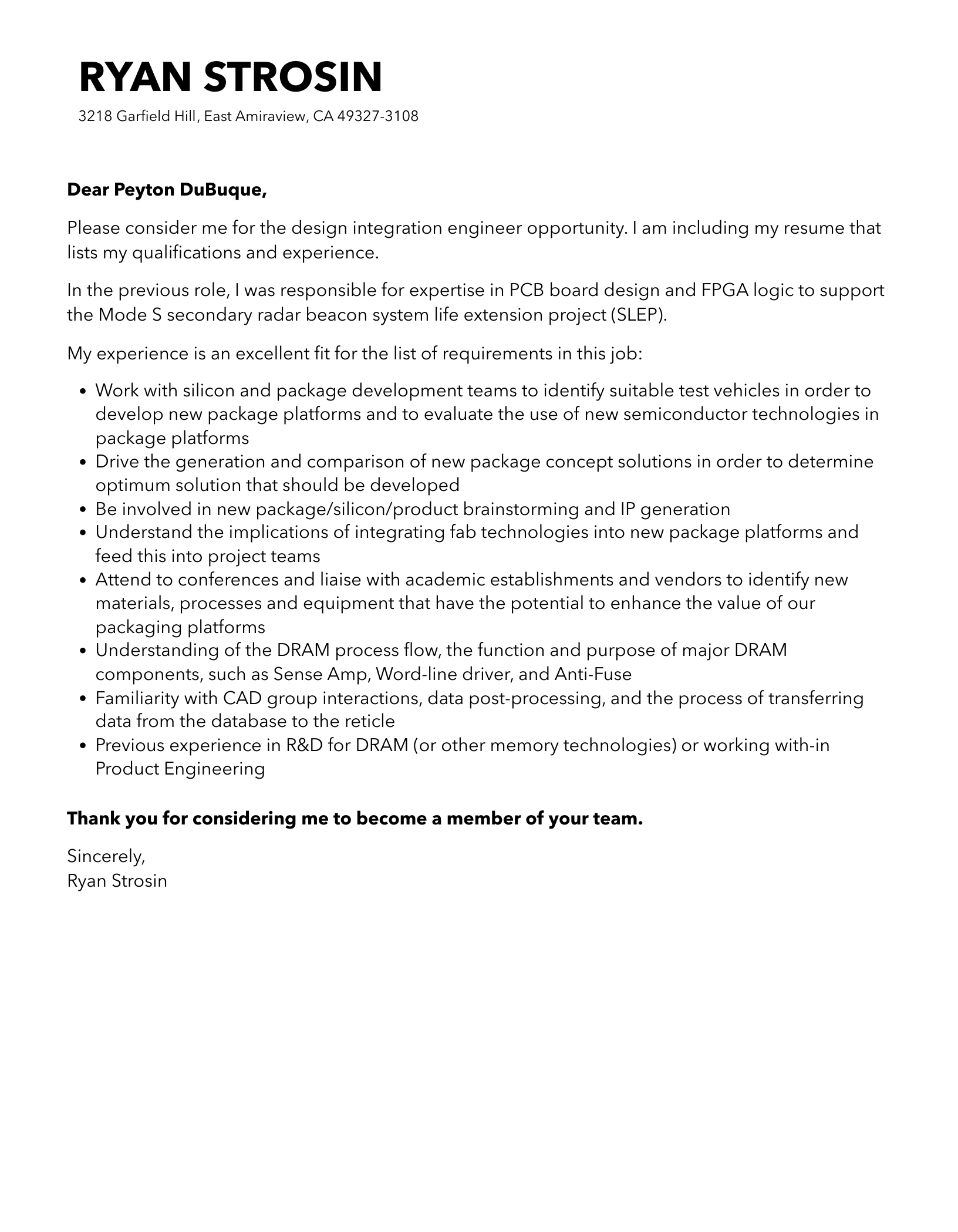 Design Integration Engineer Cover Letter Sample