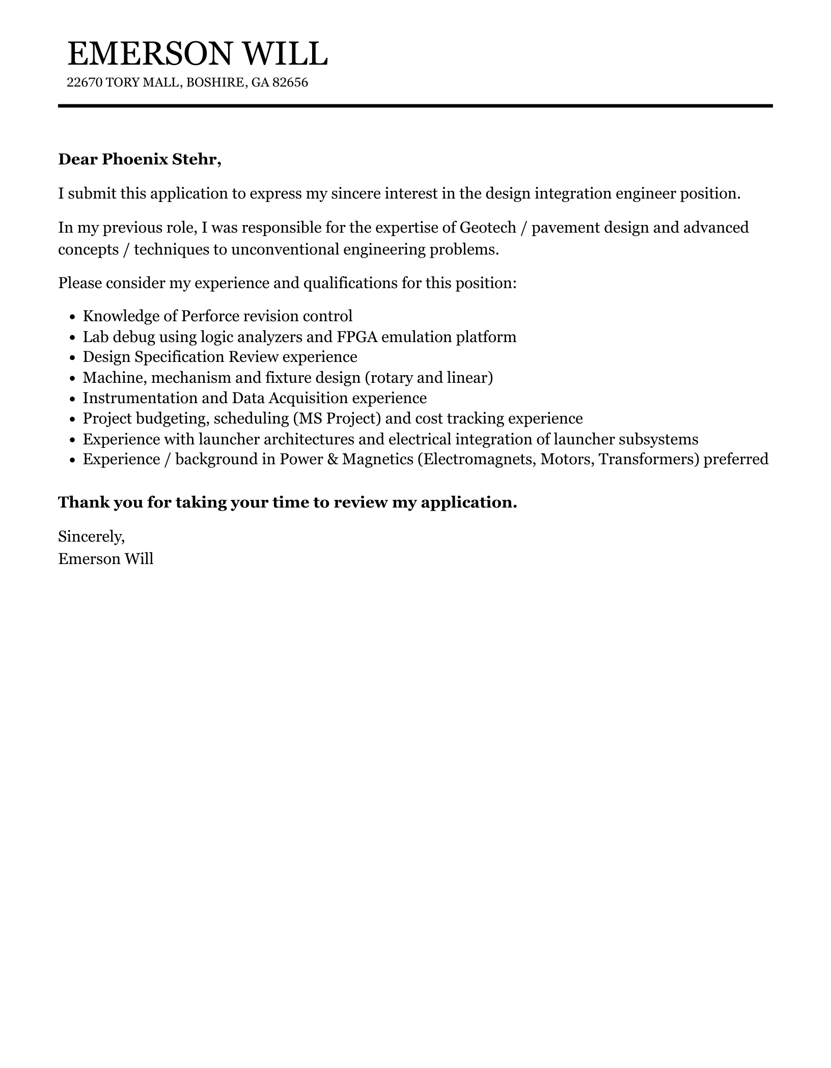 Design Integration Engineer Cover Letter Sample