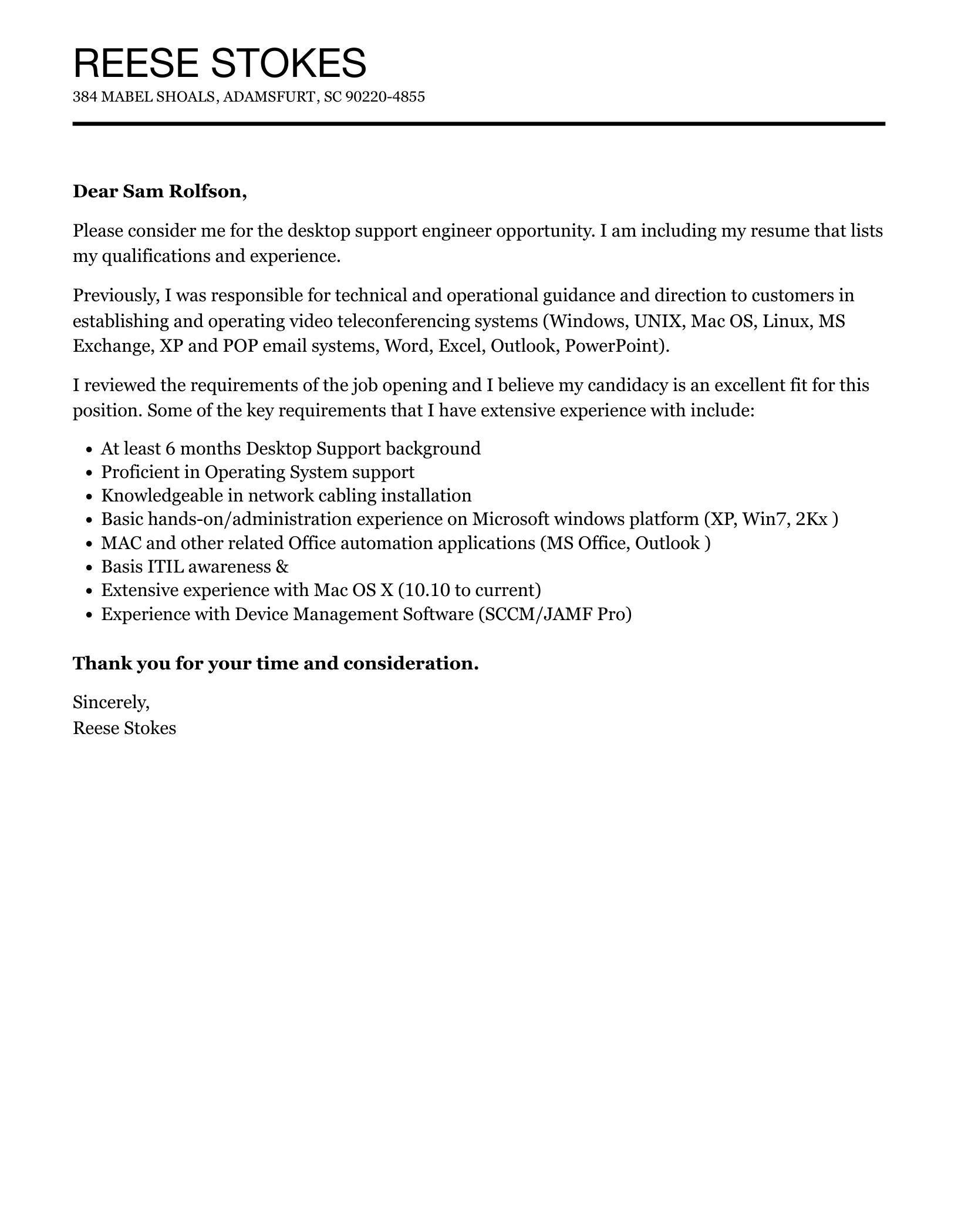 Desktop Support Engineer Cover Letter Velvet Jobs