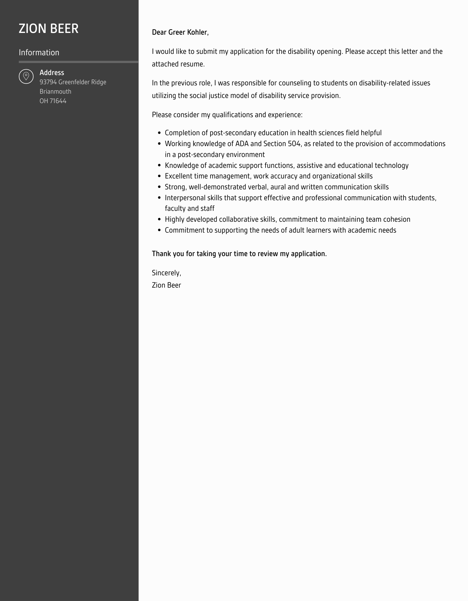 Disability Cover Letter Velvet Jobs