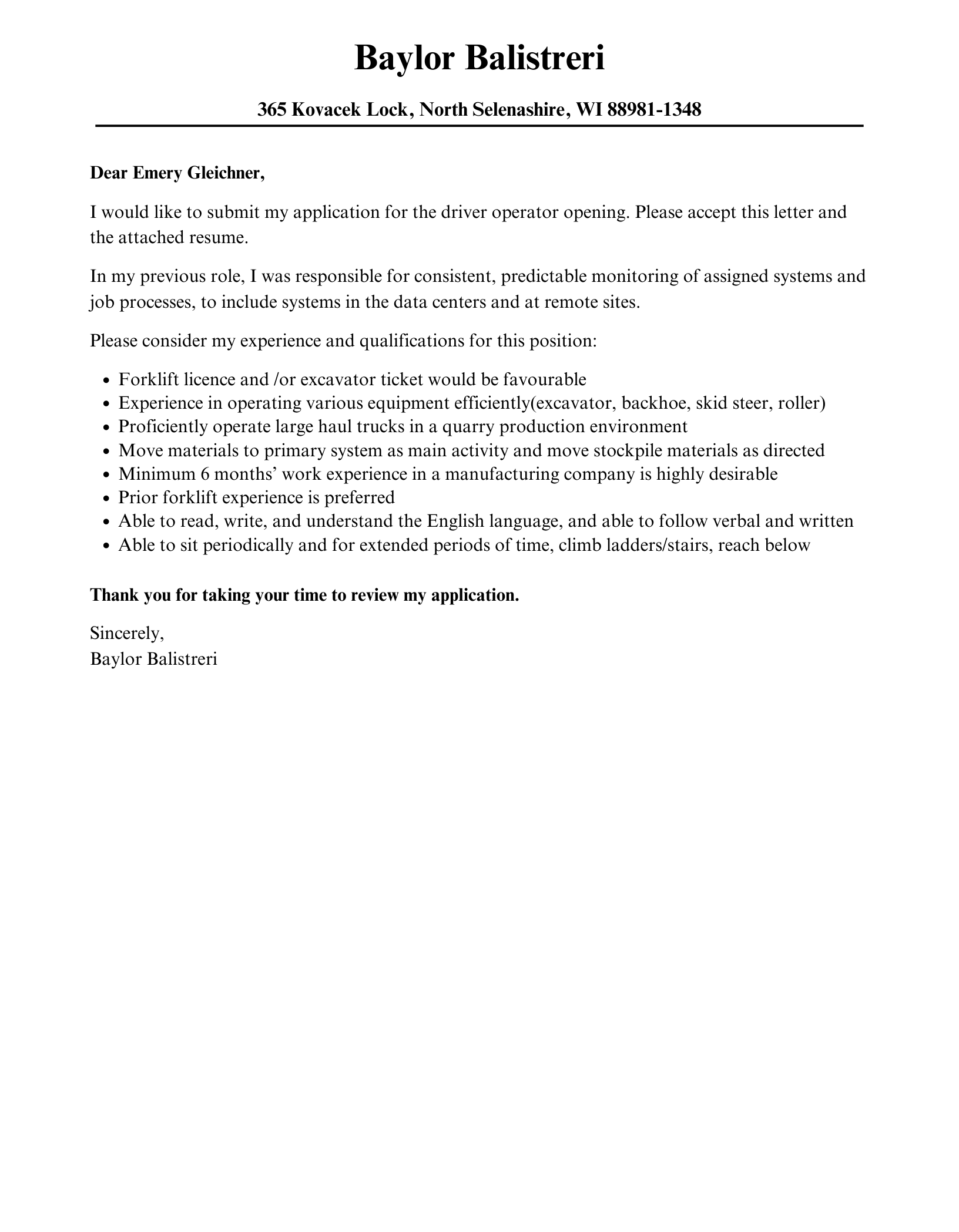 short cover letter for driver job