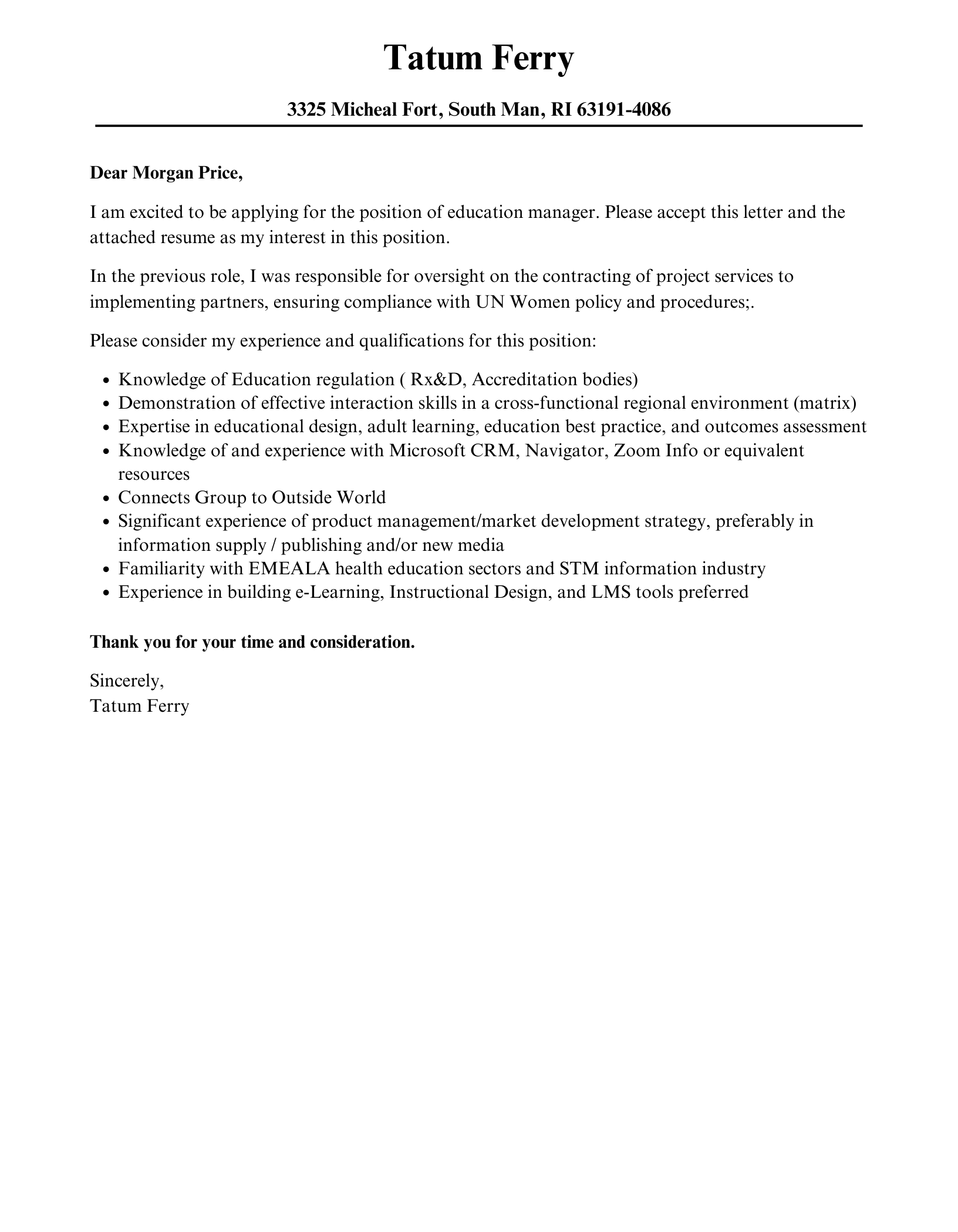 Education Manager Cover Letter Sample