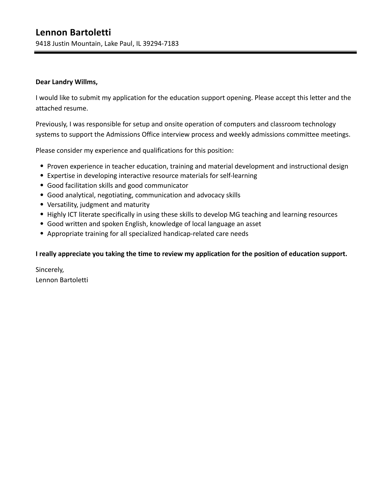 Education Support Cover Letter Velvet Jobs
