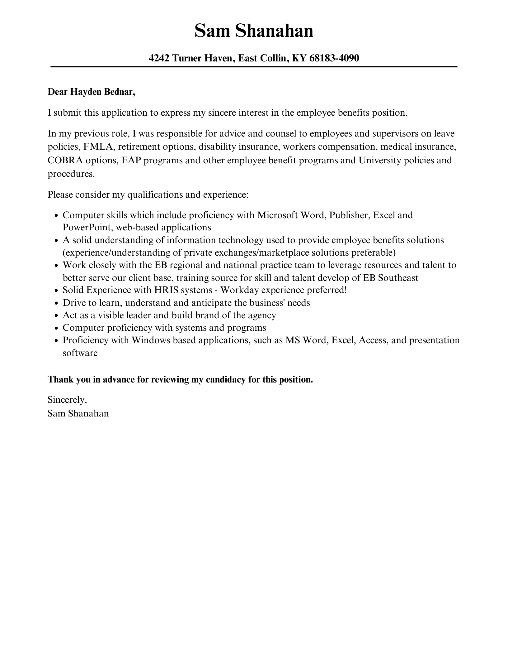 cover letter for employee benefits specialist