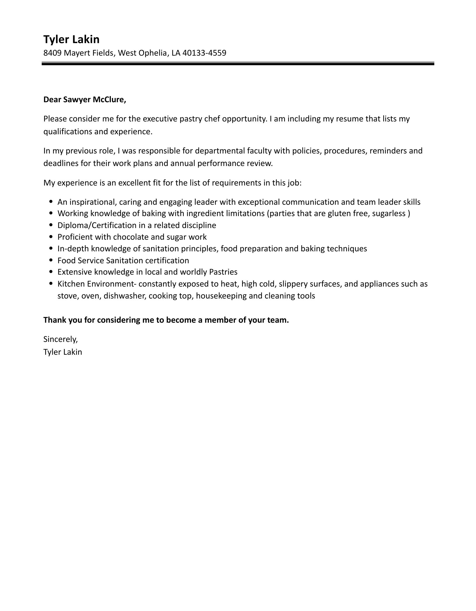 Executive Pastry Chef Cover Letter Velvet Jobs