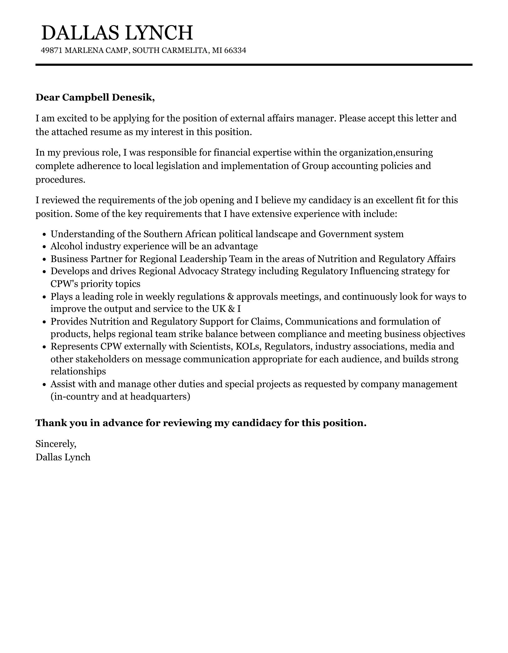 External Affairs Manager Cover Letter Velvet Jobs