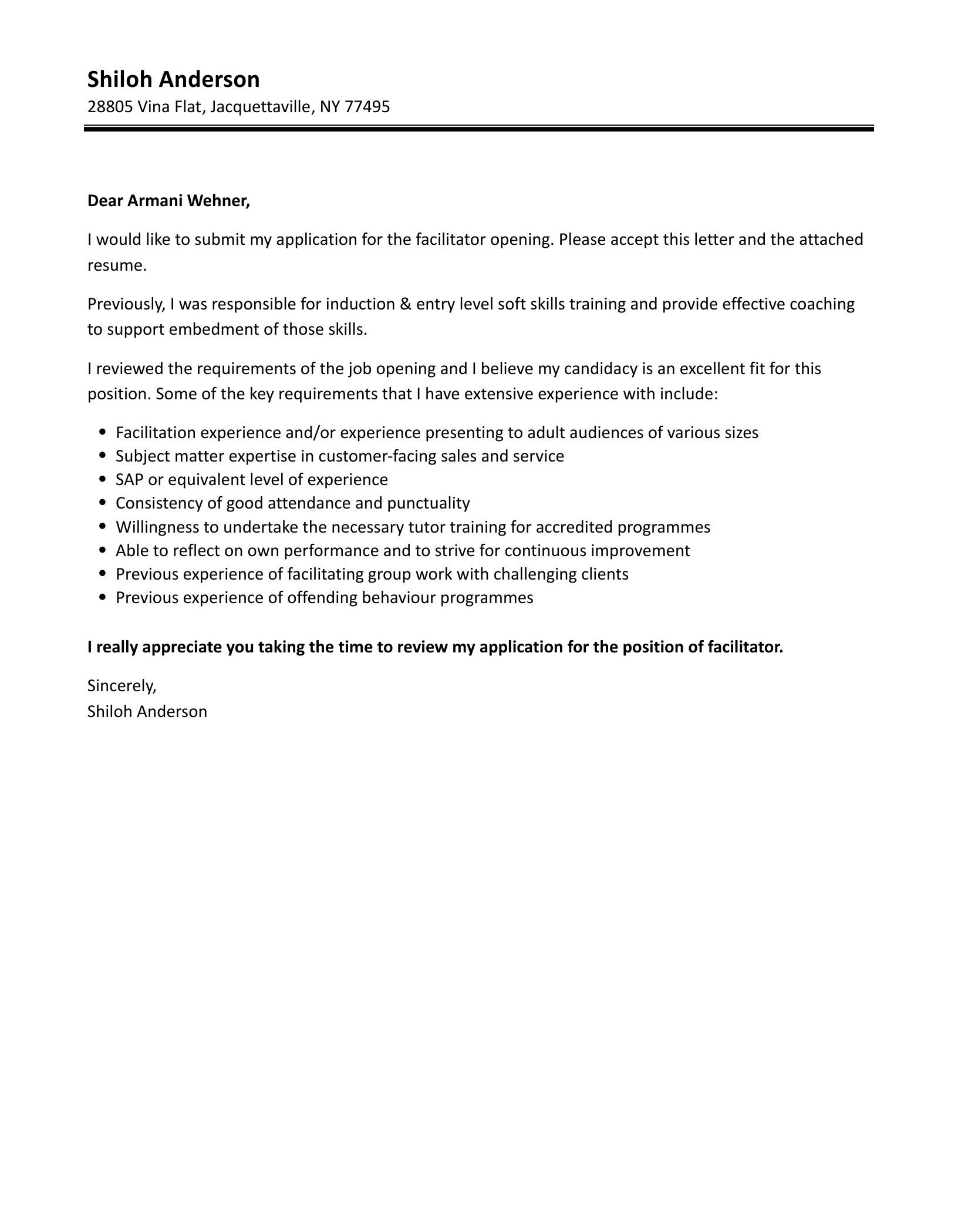 Facilitator Cover Letter Velvet Jobs
