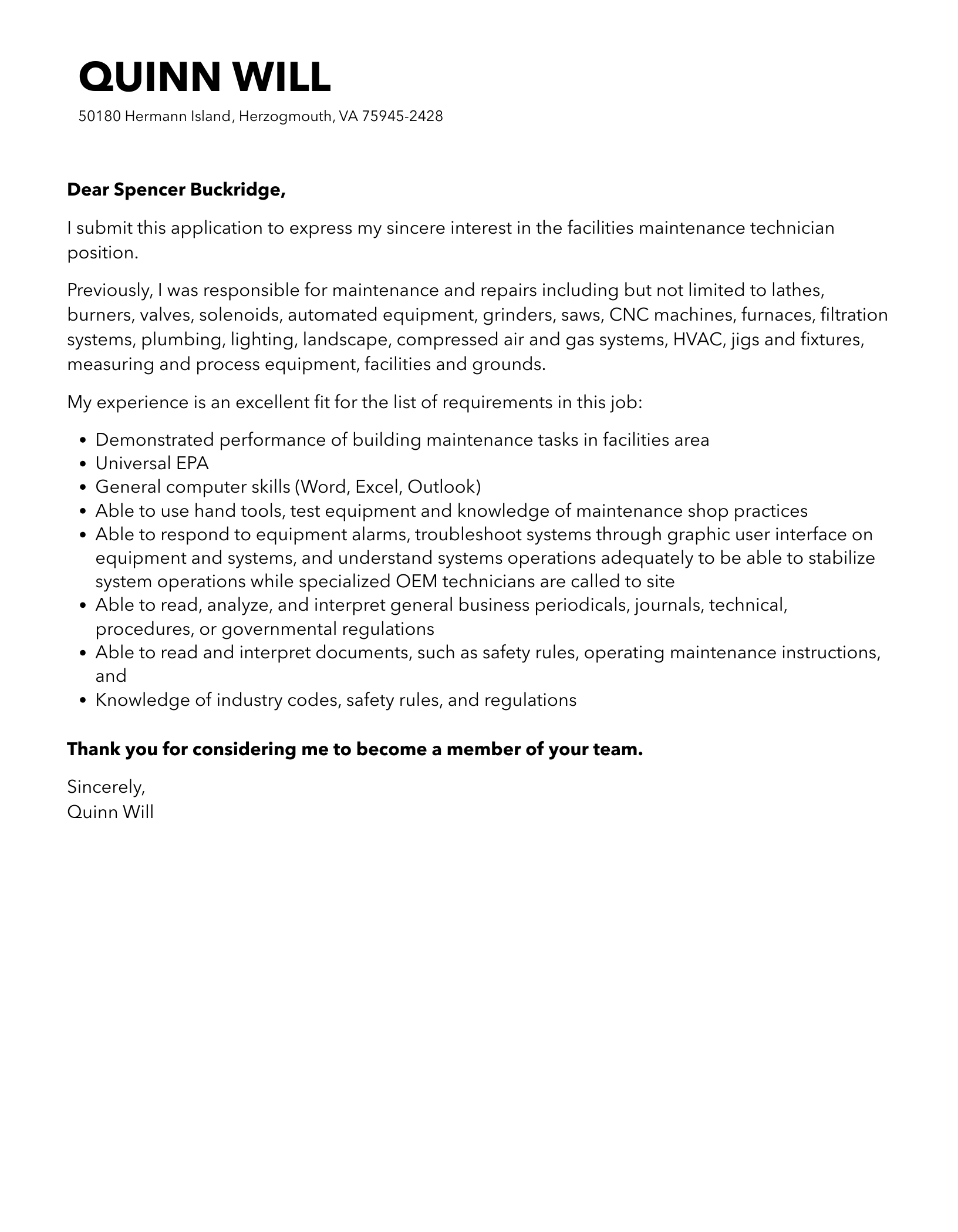 Facilities Maintenance Technician Cover Letter Velvet Jobs