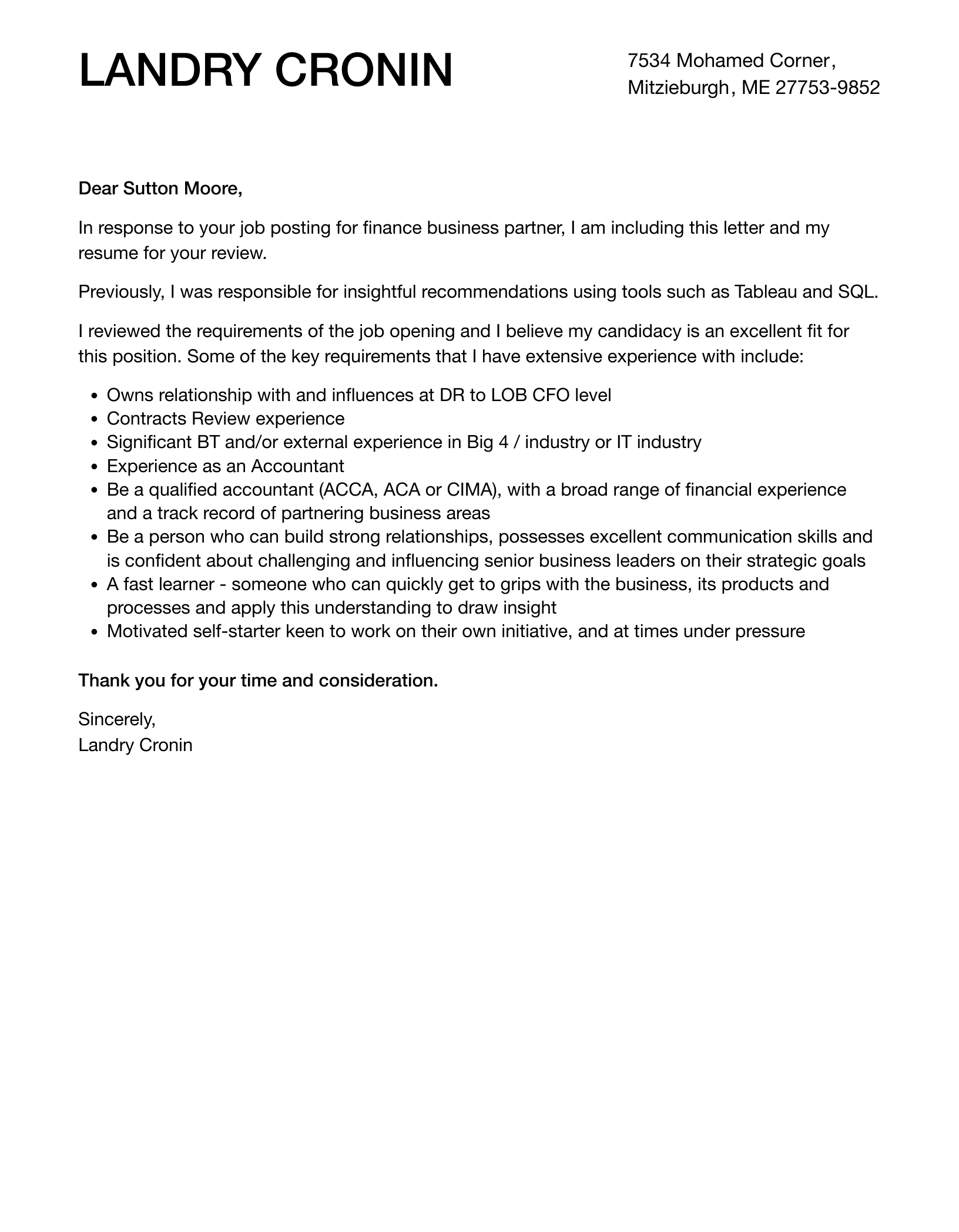 Finance Business Partner Cover Letter Velvet Jobs