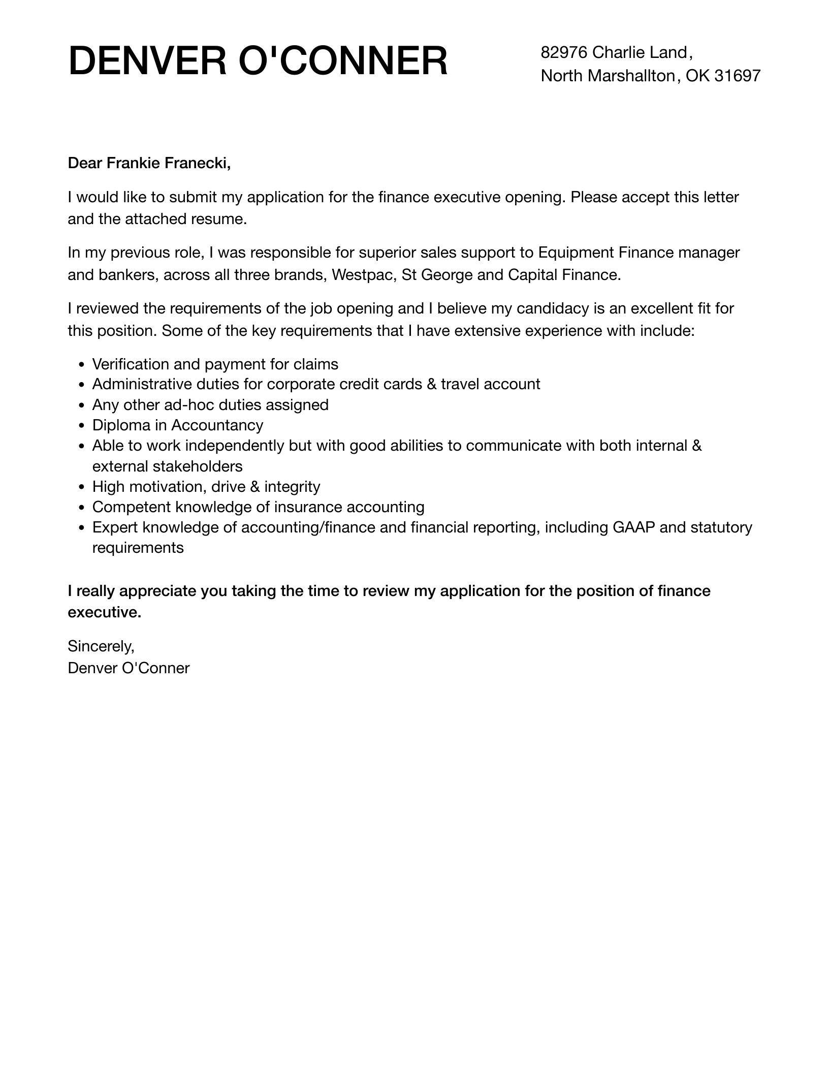 Finance Executive Cover Letter Velvet Jobs