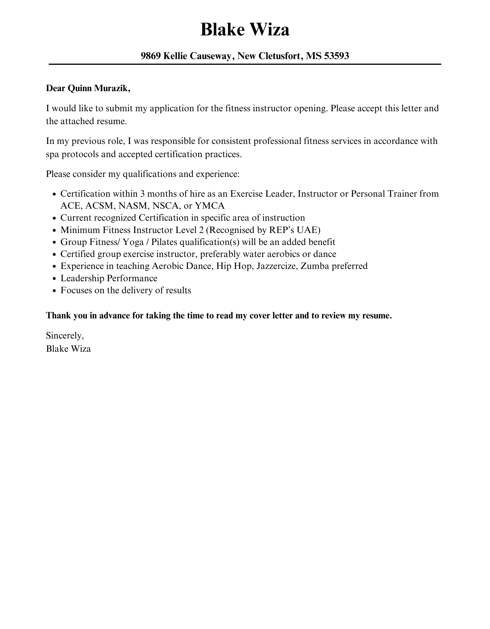 Fitness Instructor Cover Letter Velvet Jobs