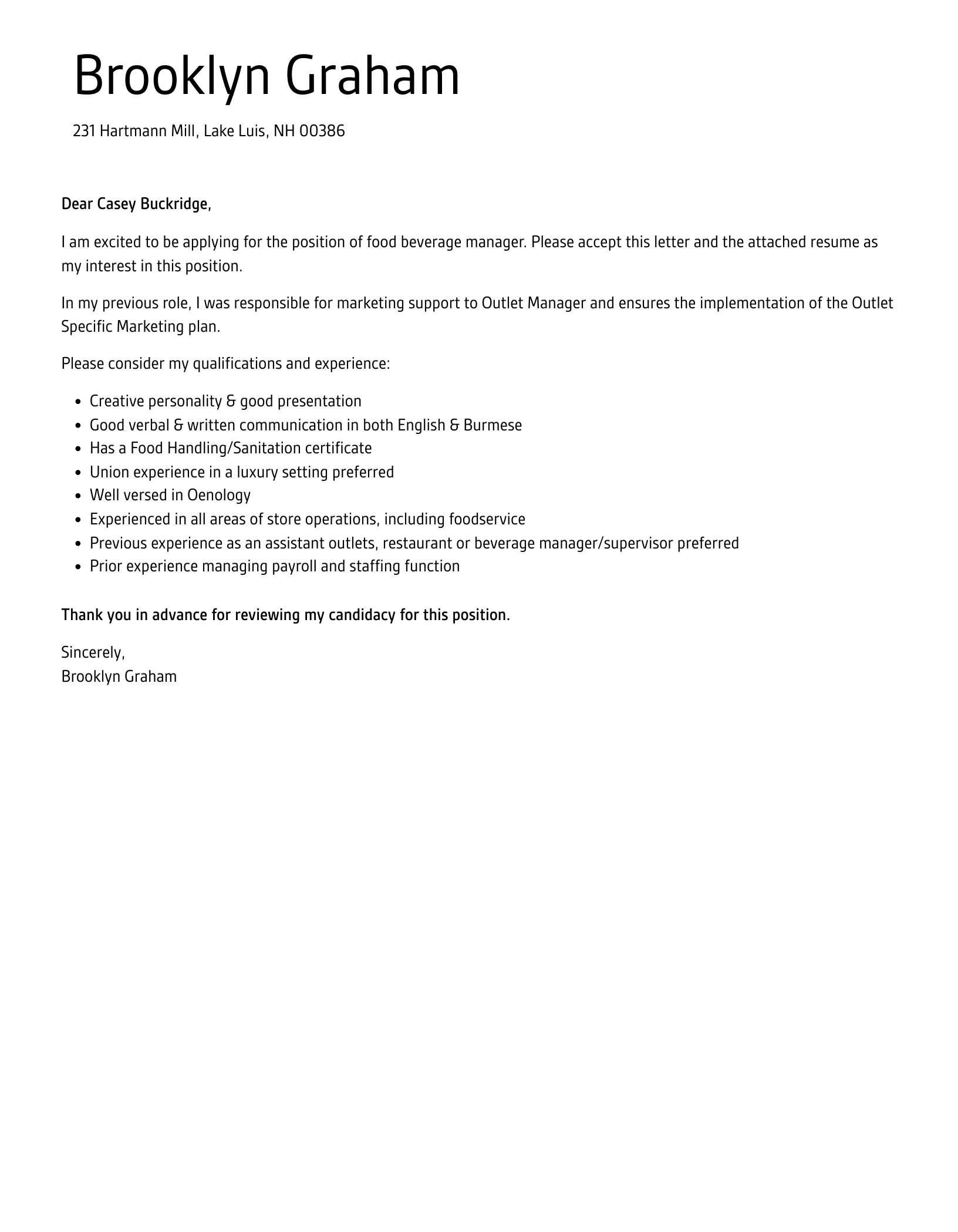 Food Beverage Manager Cover Letter Velvet Jobs