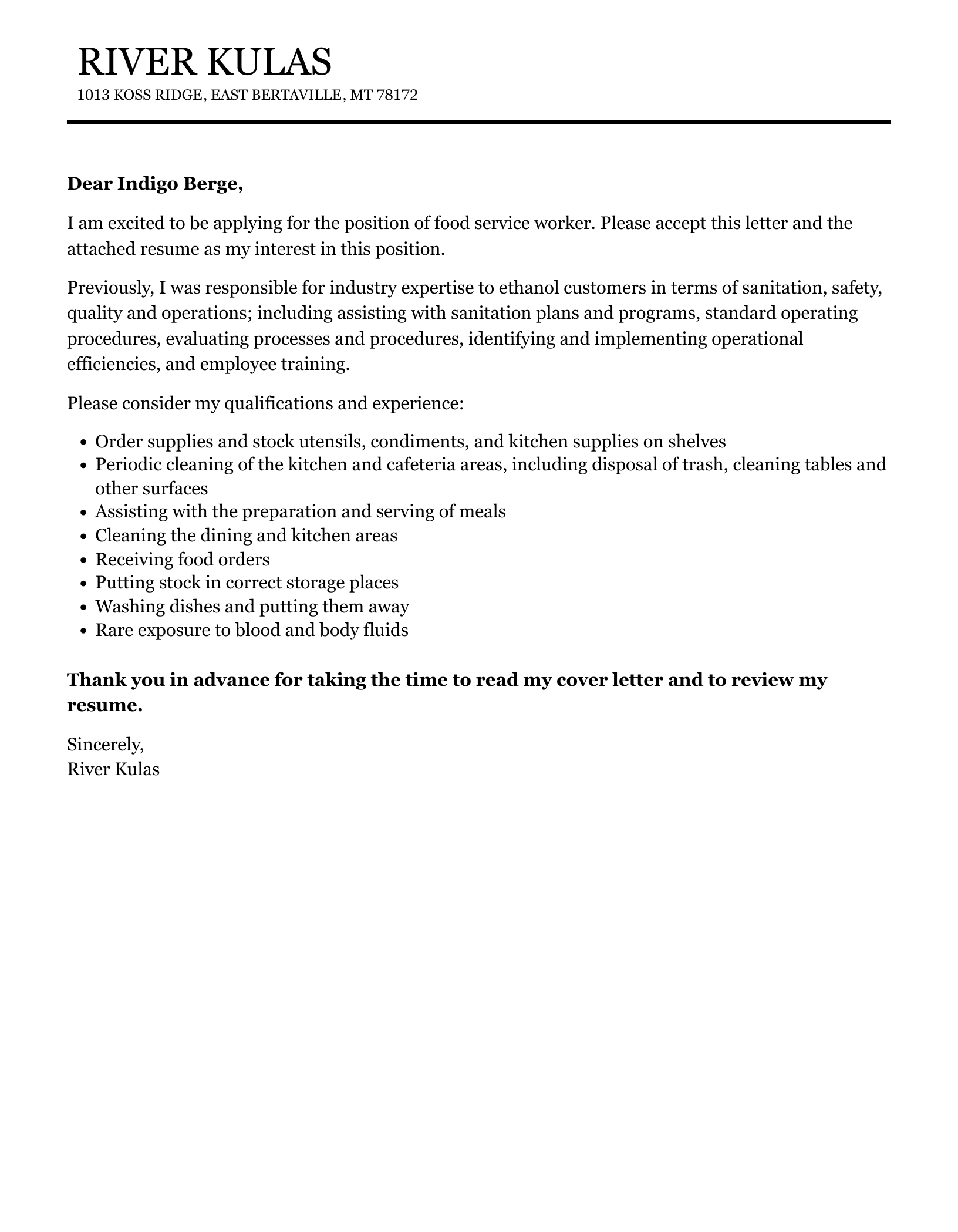 Food Service Worker Cover Letter Velvet Jobs