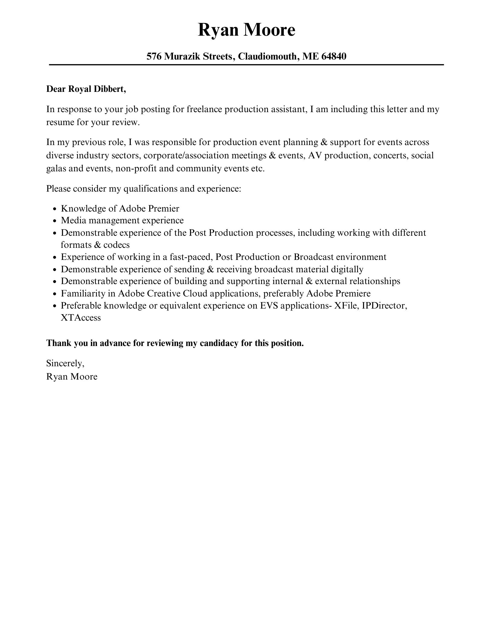 cover letter examples uk production assistant