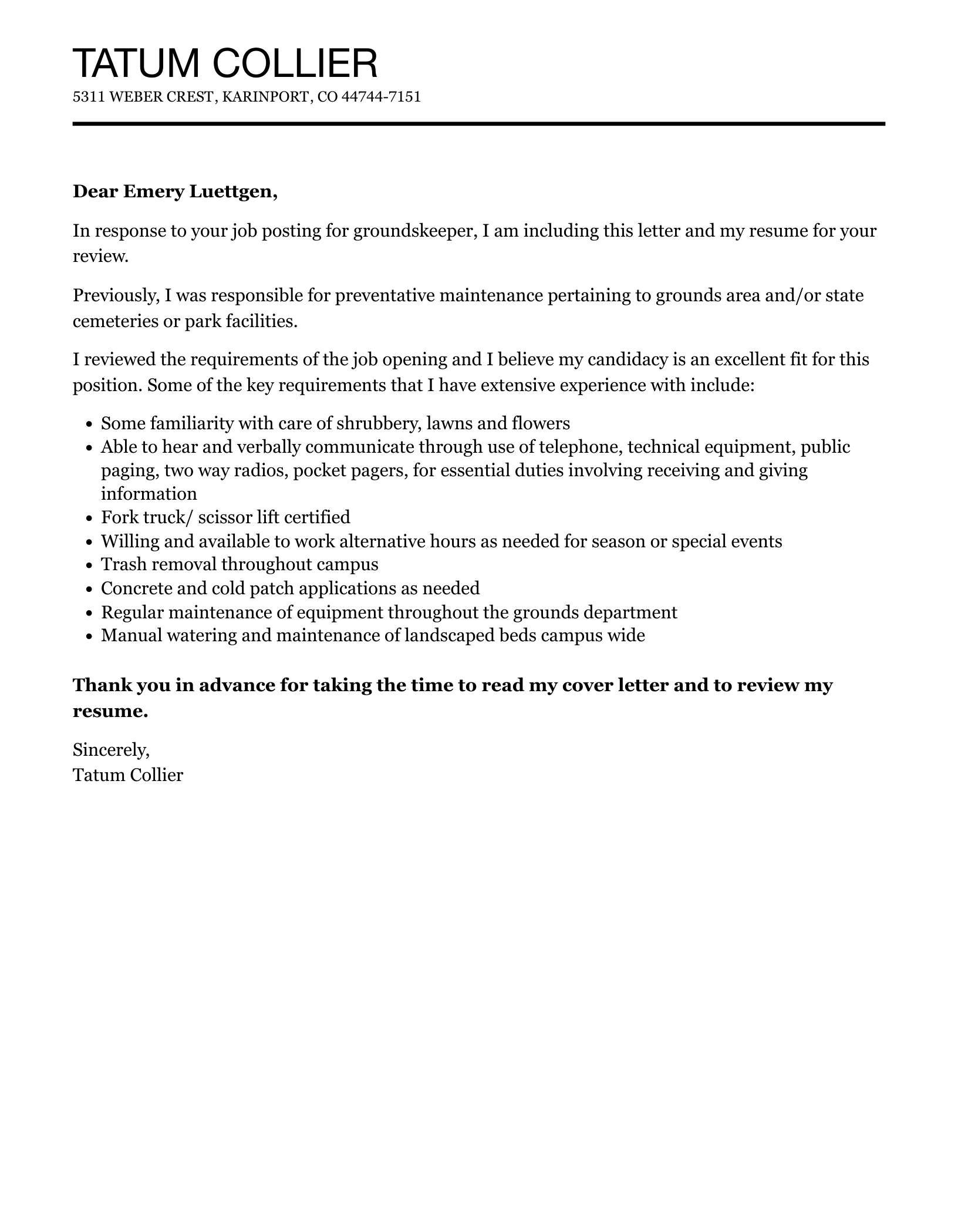 Groundskeeper Cover Letter Velvet Jobs
