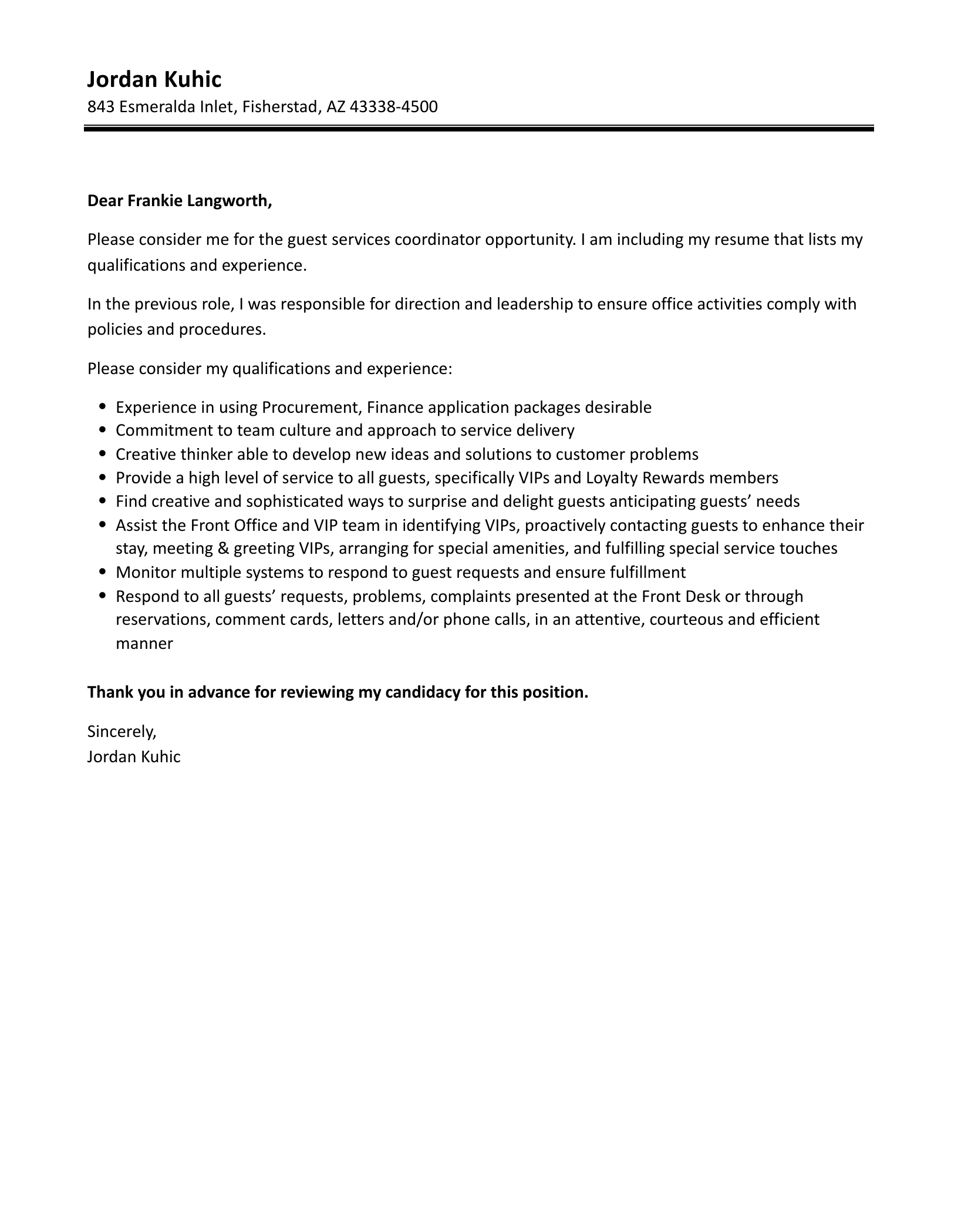 Guest Services Coordinator Cover Letter Velvet Jobs