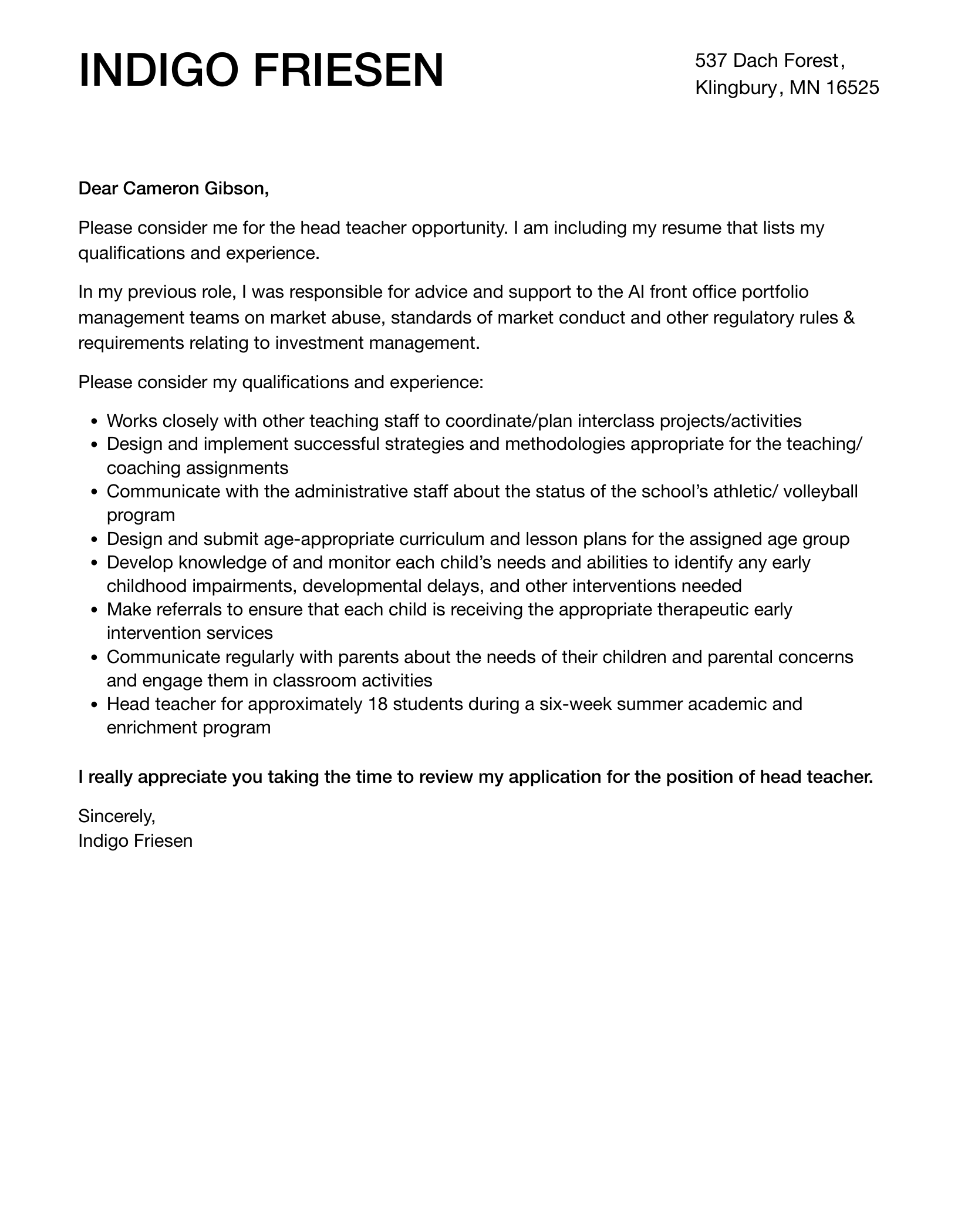 Head Teacher Cover Letter Example Personal Skills To Write In Cv