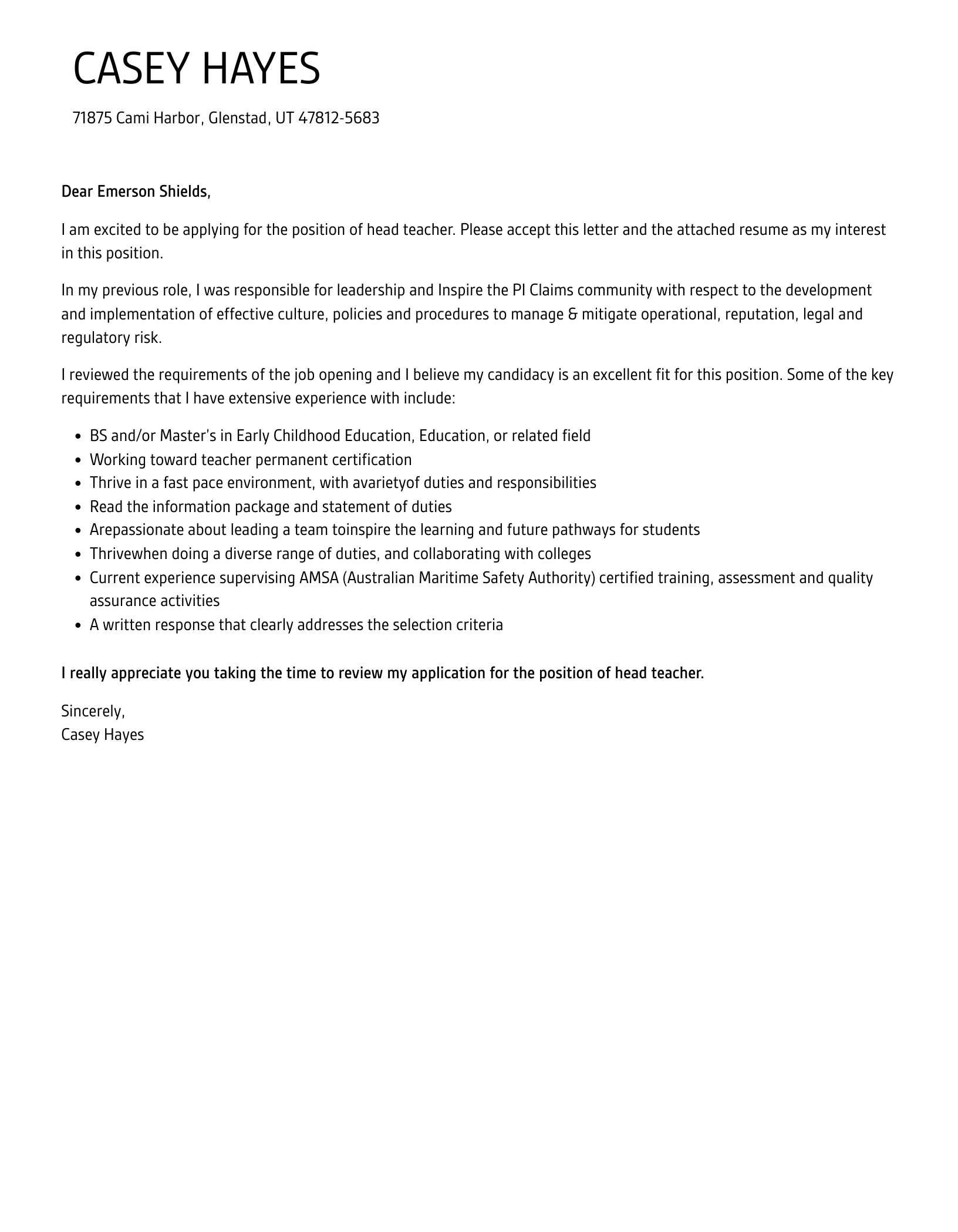 Head Teacher Cover Letter Velvet Jobs
