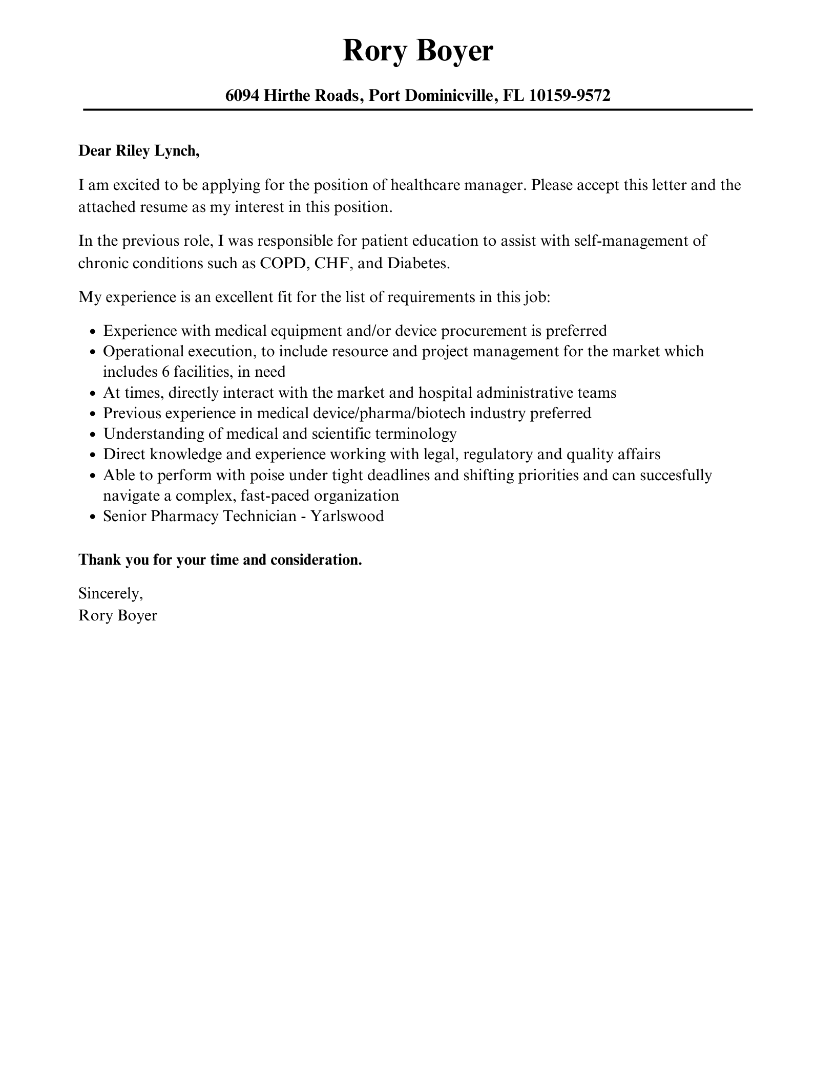 Healthcare Manager Cover Letter