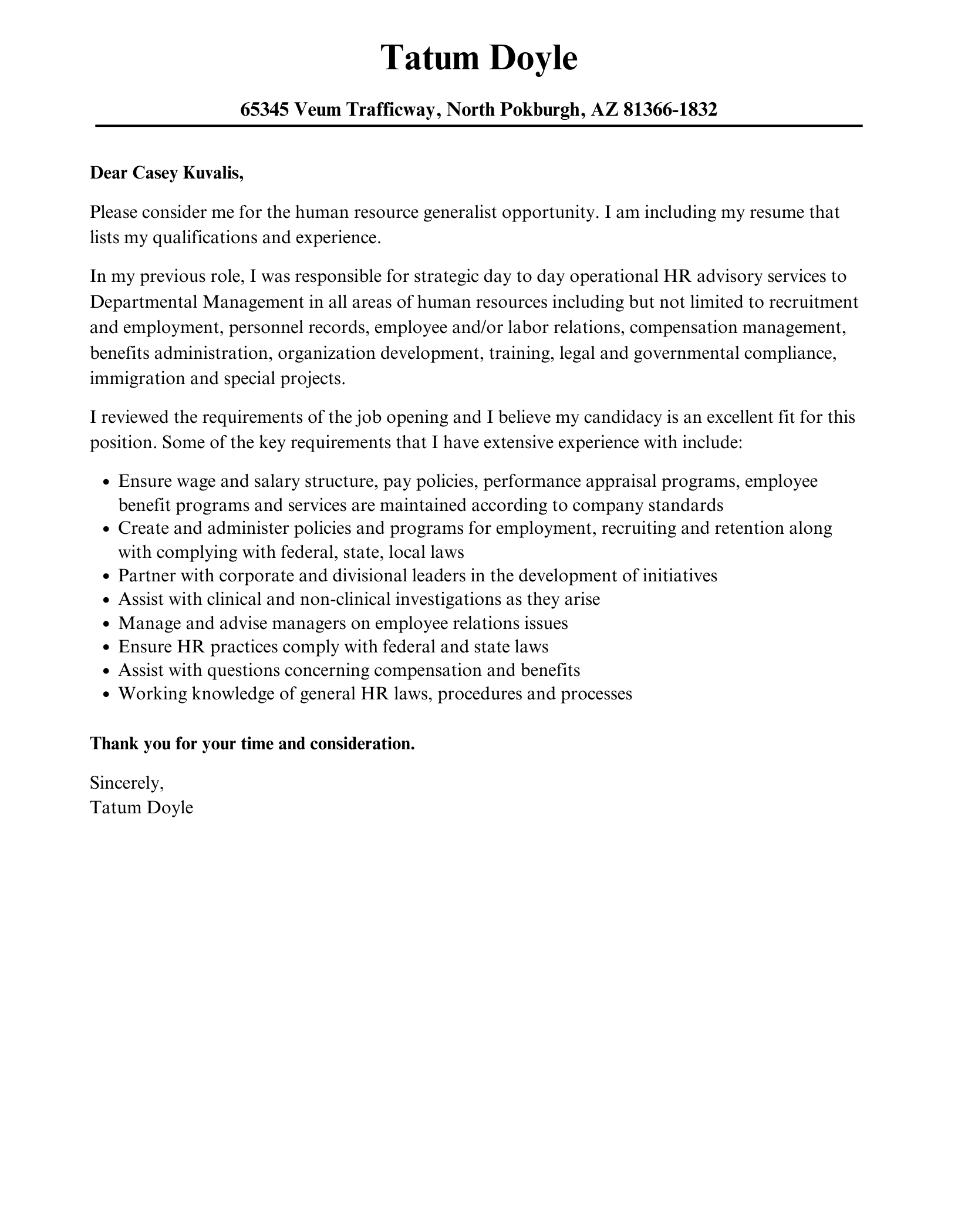Human Resource Generalist Cover Letter Velvet Jobs