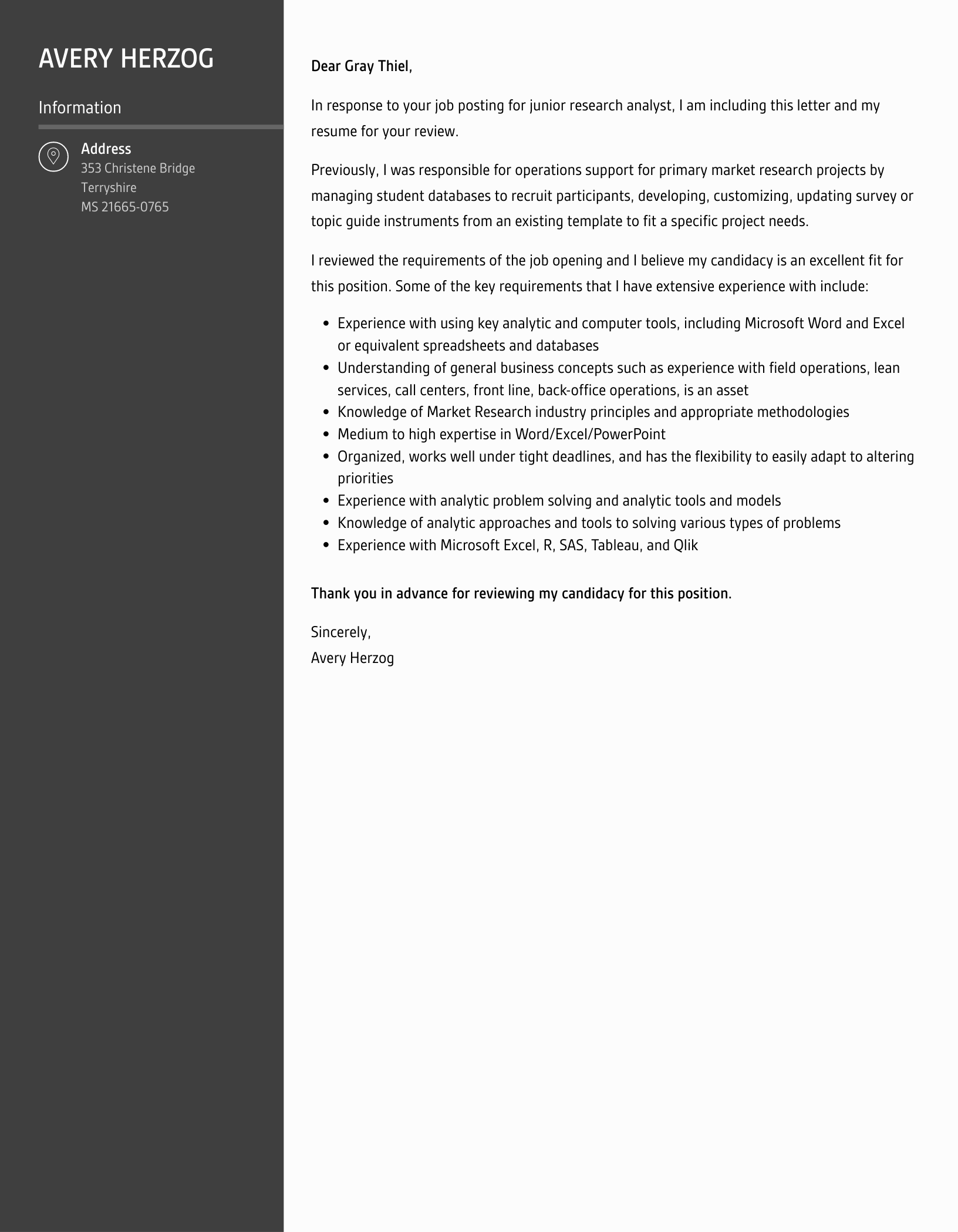 Junior Research Analyst Cover Letter Velvet Jobs