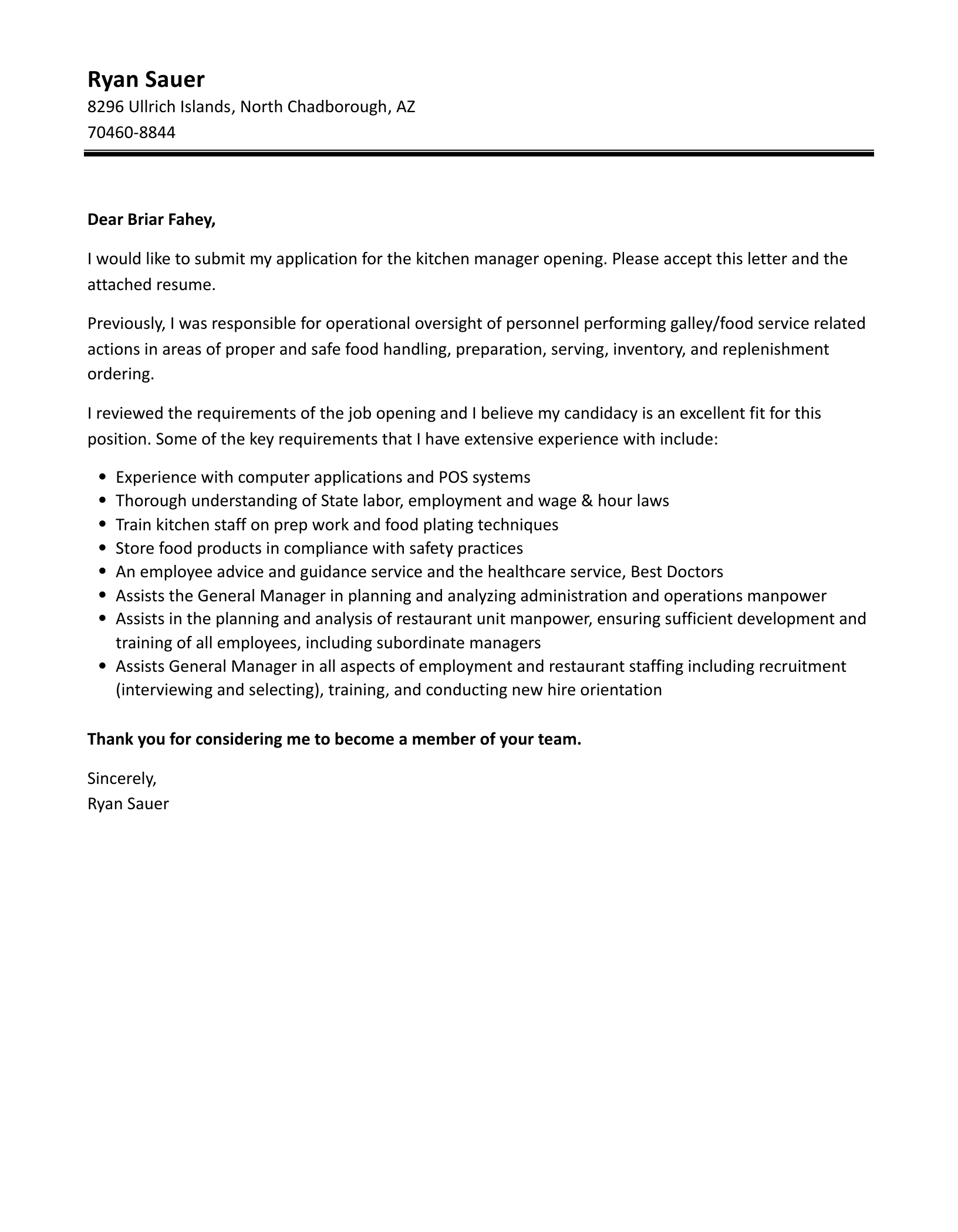 Kitchen Manager Cover Letter Velvet Jobs