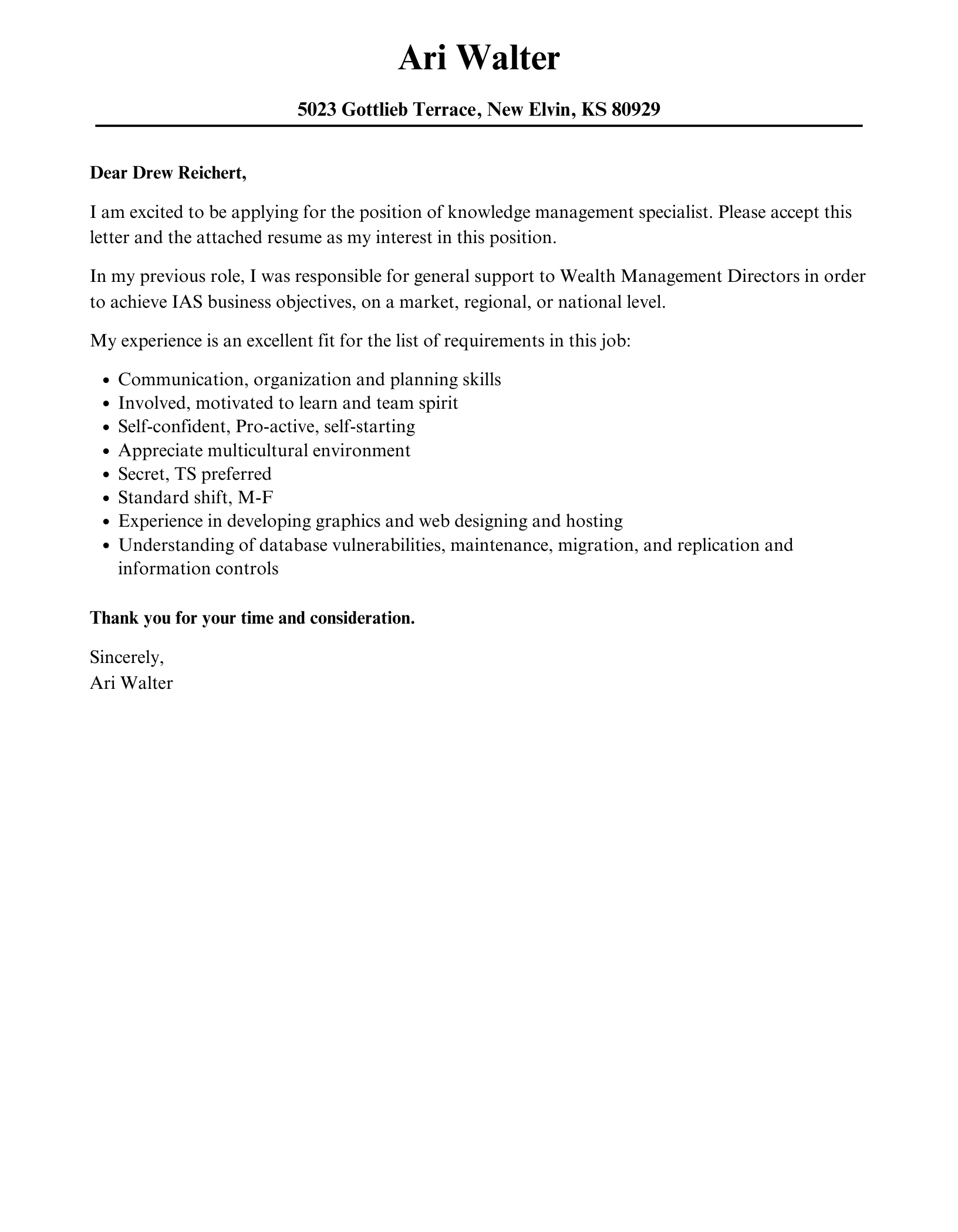 cover letter for knowledge management position