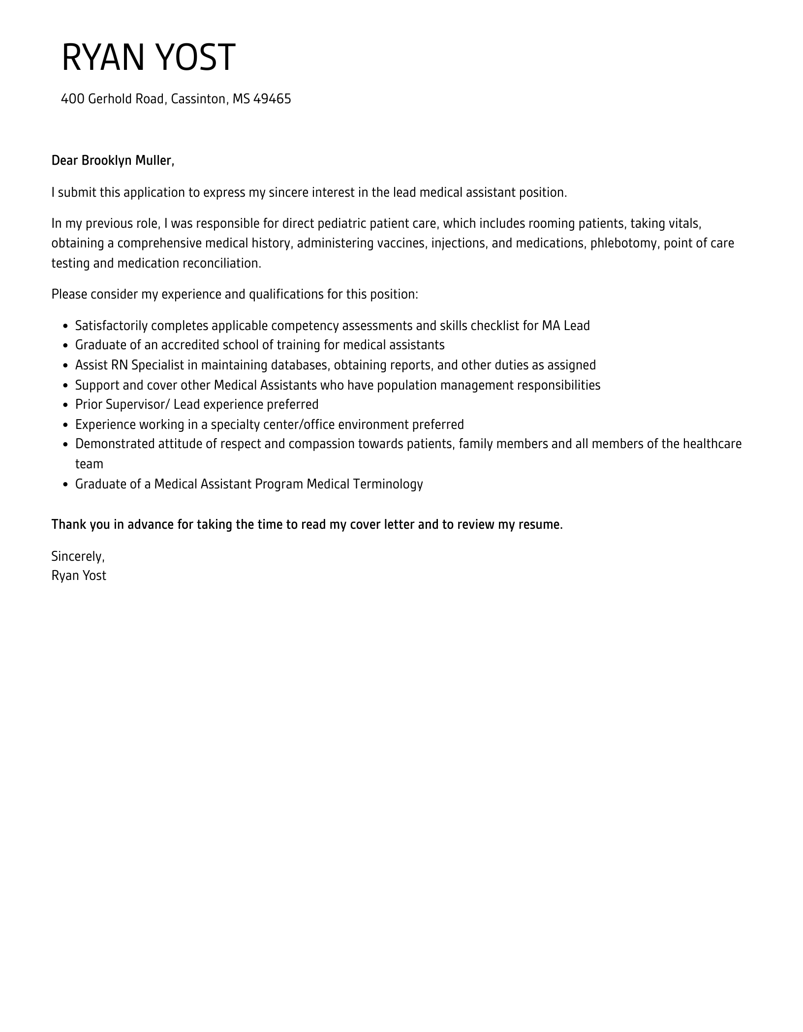 Lead Medical Assistant Cover Letter Velvet Jobs