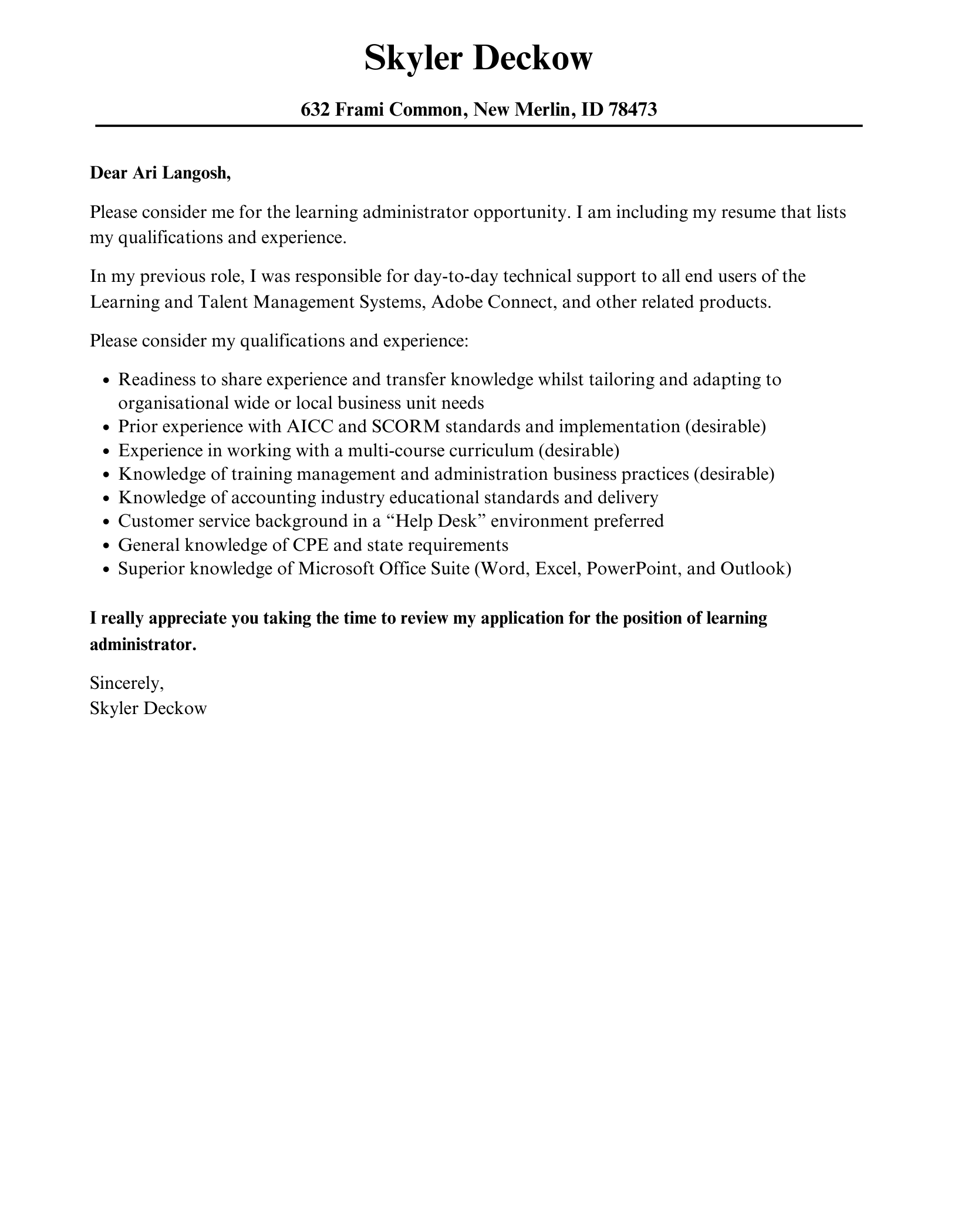 learning and development administrator cover letter