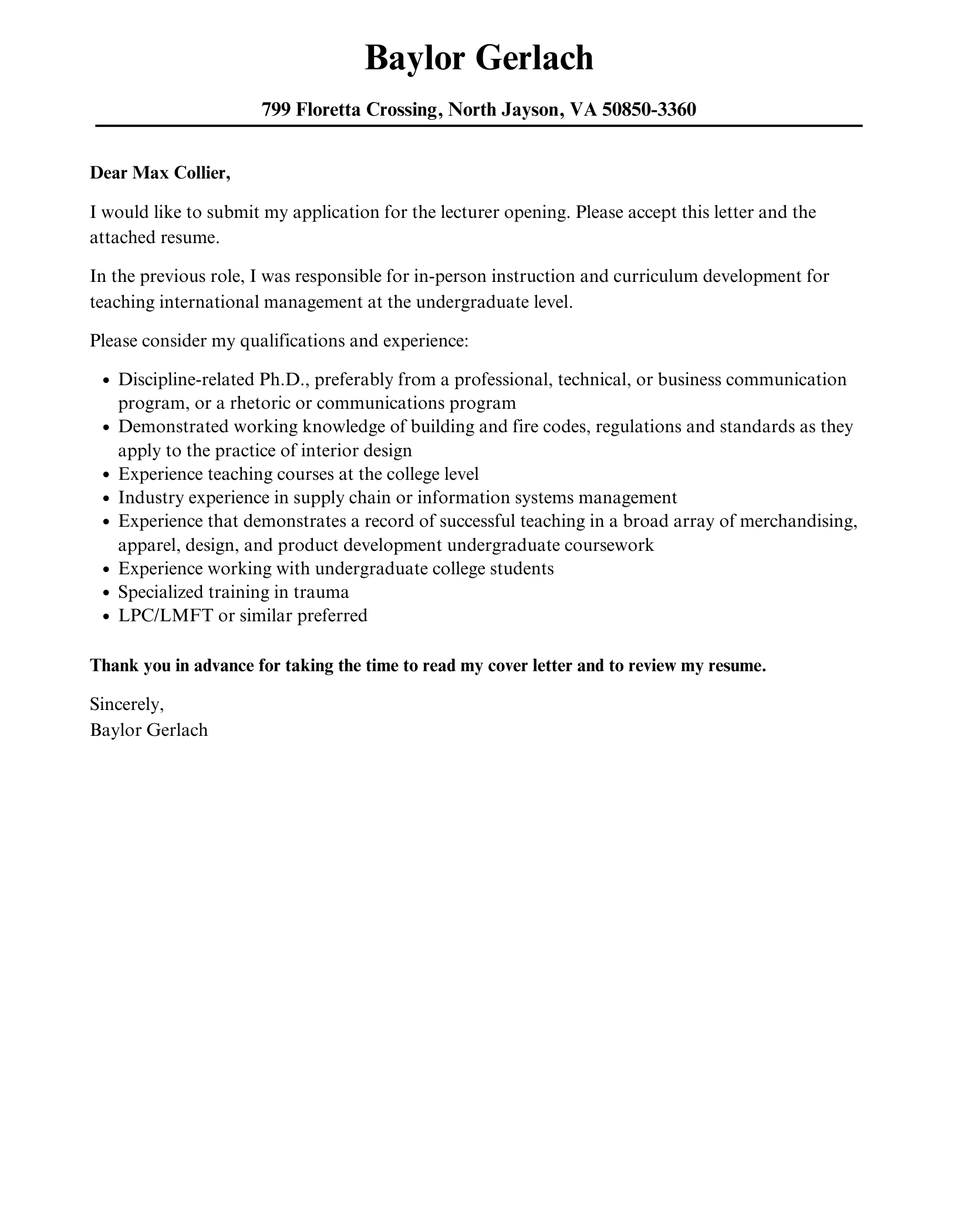 Lecturer Cover Letter Velvet Jobs