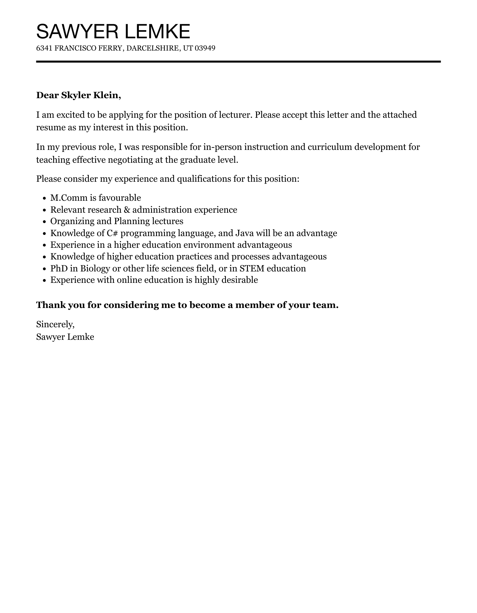 Lecturer Cover Letter Velvet Jobs