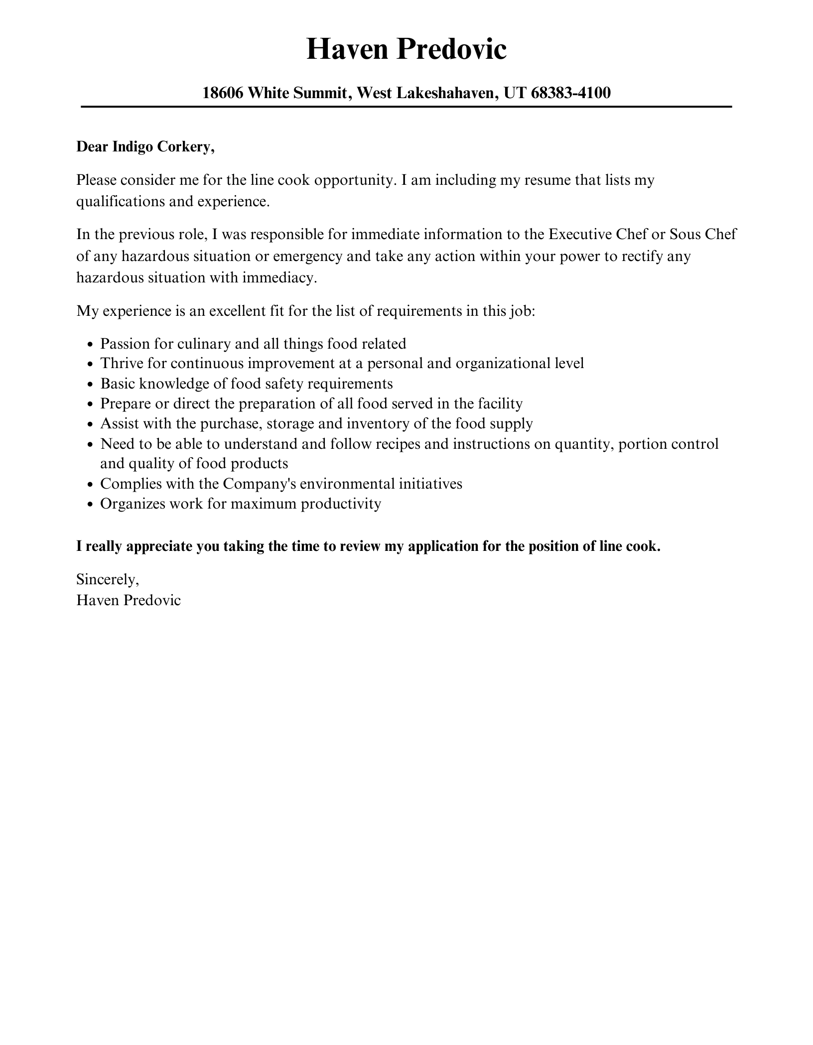 example of cover letter for a cook