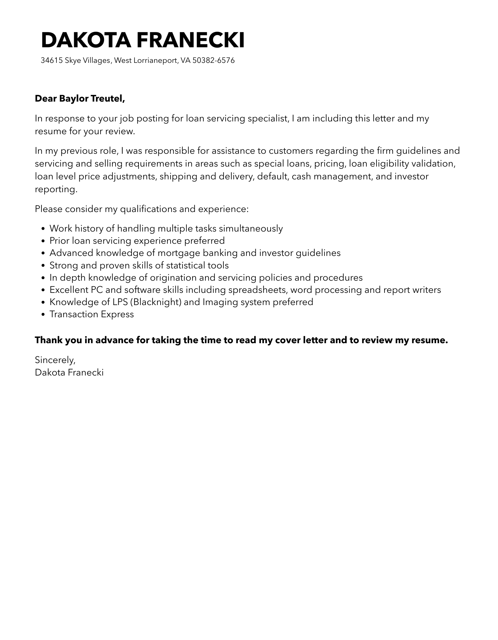 Loan Servicing Specialist Cover Letter Velvet Jobs