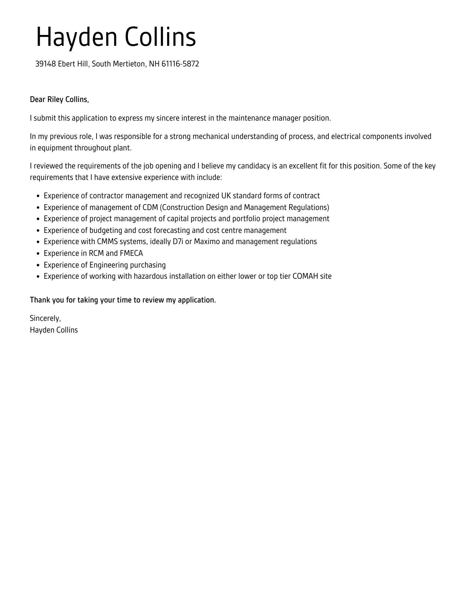Maintenance Manager Cover Letter Velvet Jobs