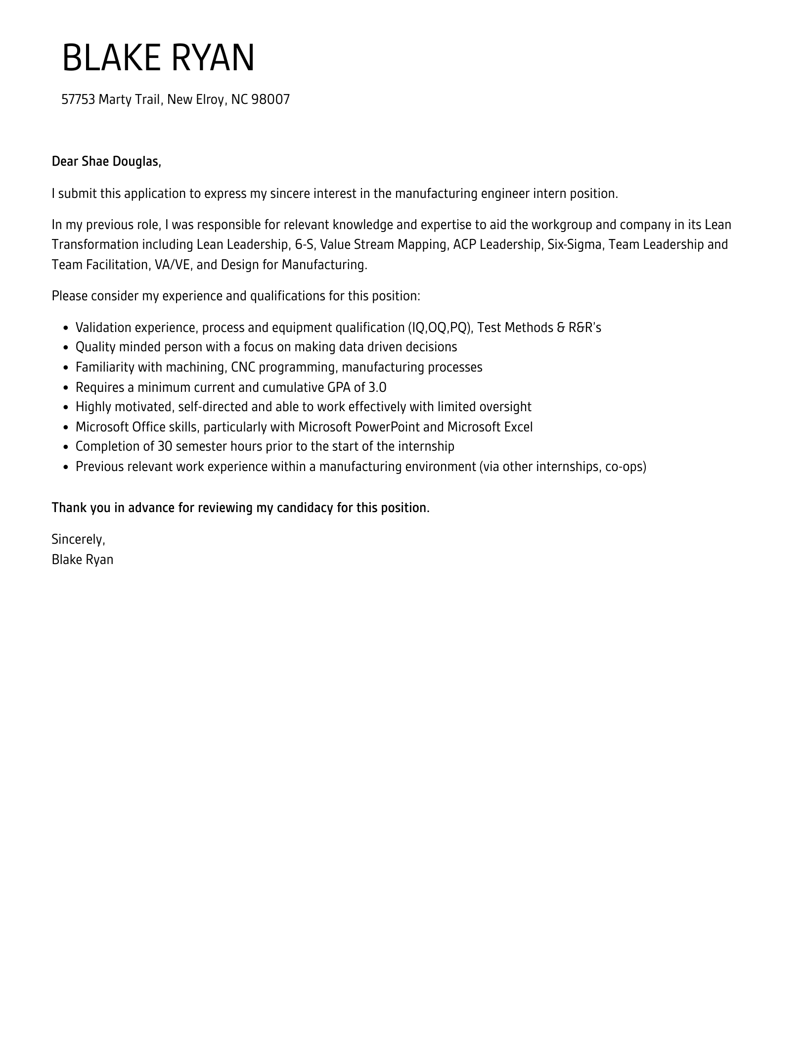 Manufacturing Engineer Intern Cover Letter Velvet Jobs