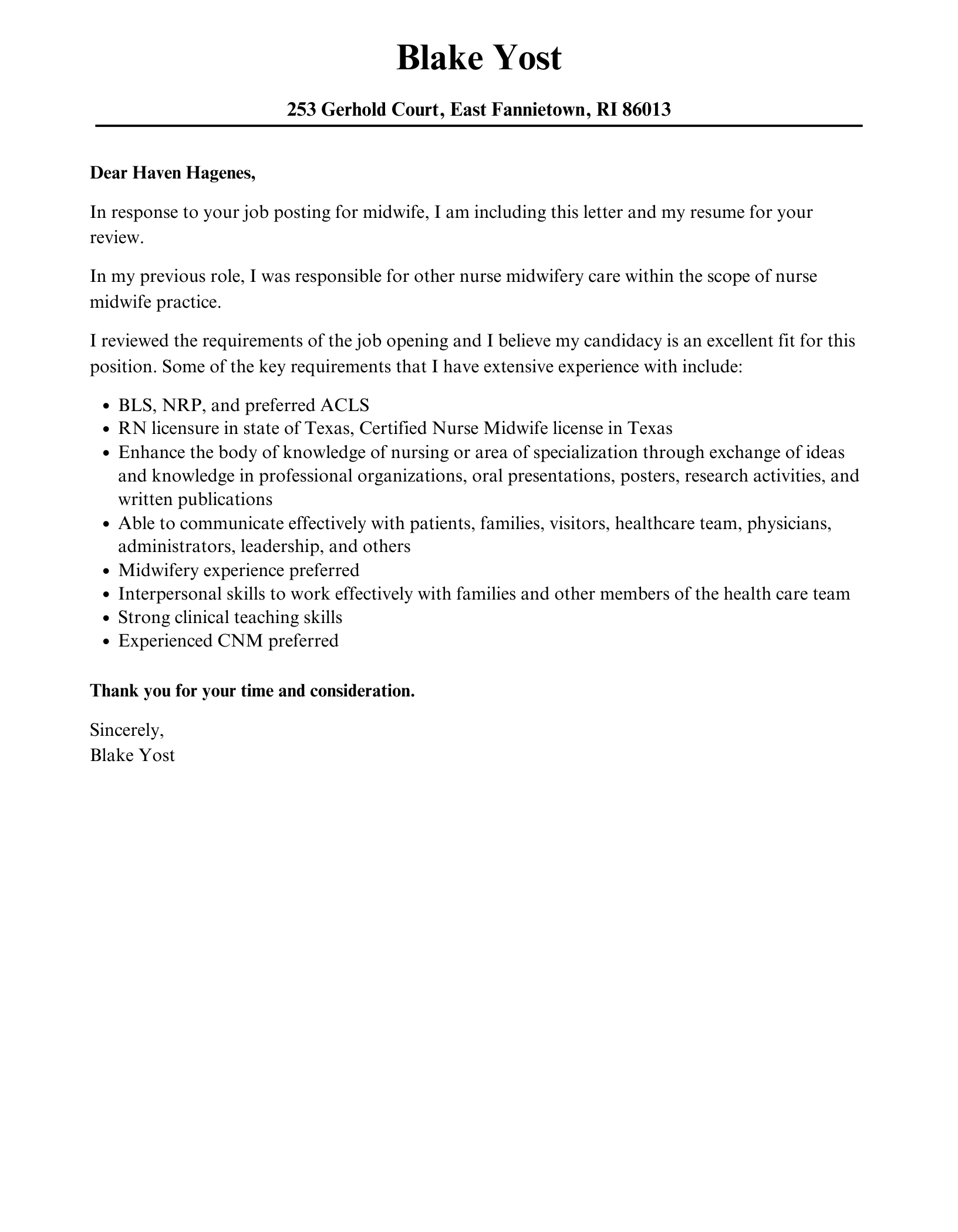 sample application letter for rural health midwife