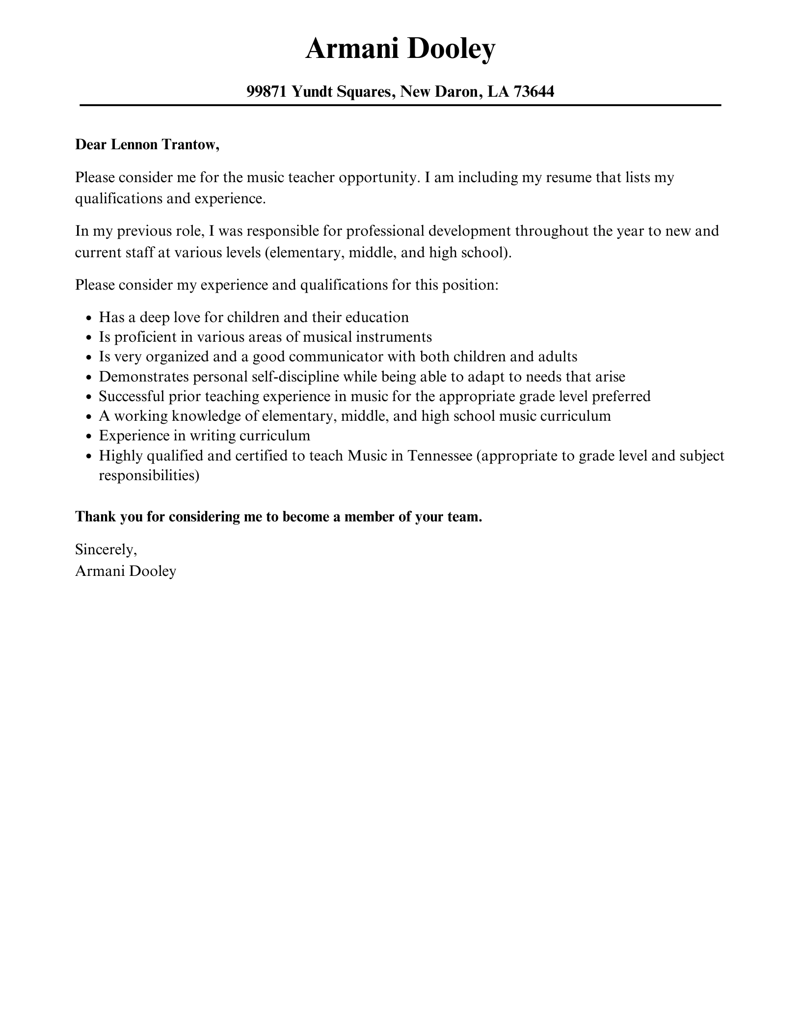 cover letter sample for music teacher