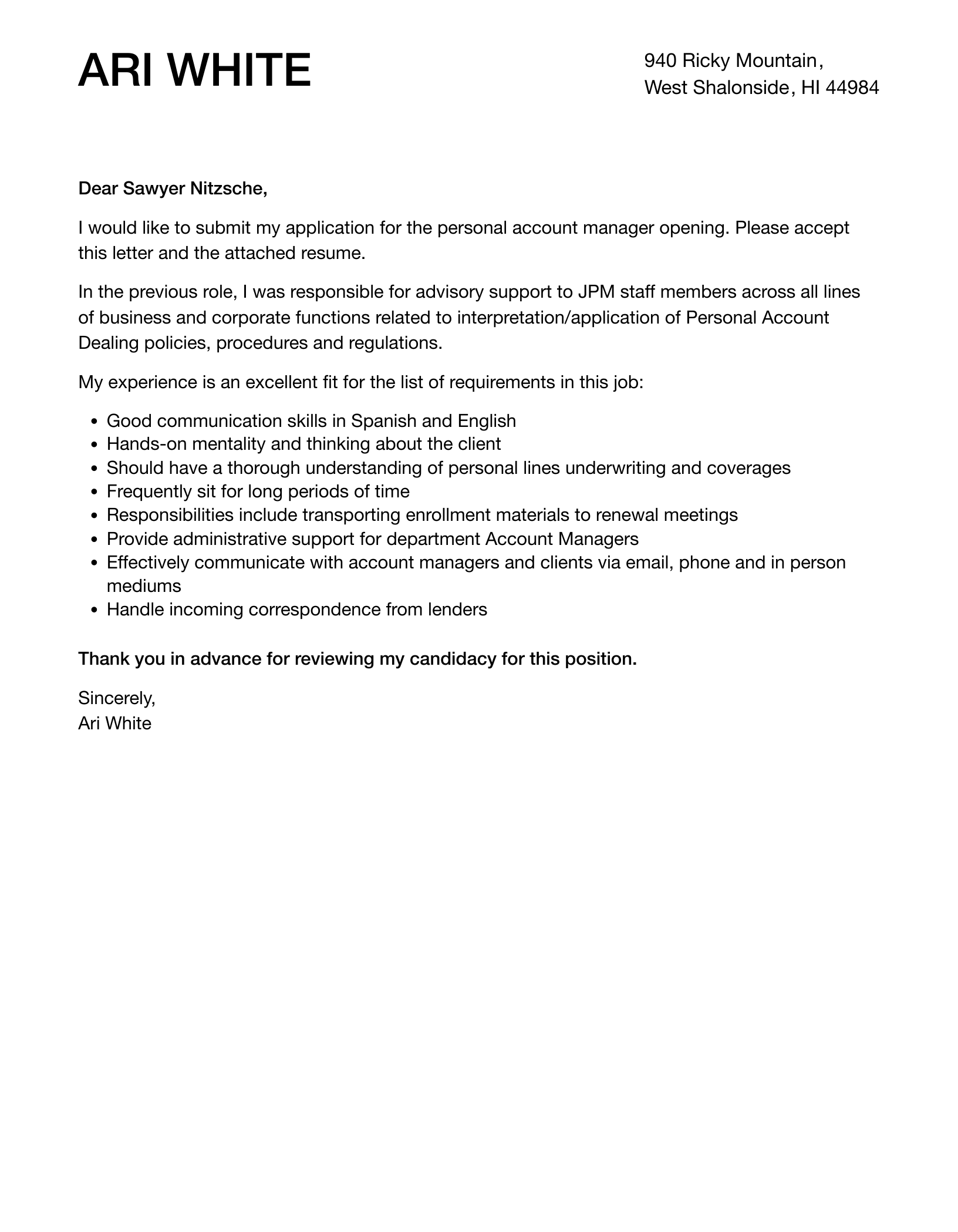 Personal Account Manager Cover Letter Velvet Jobs