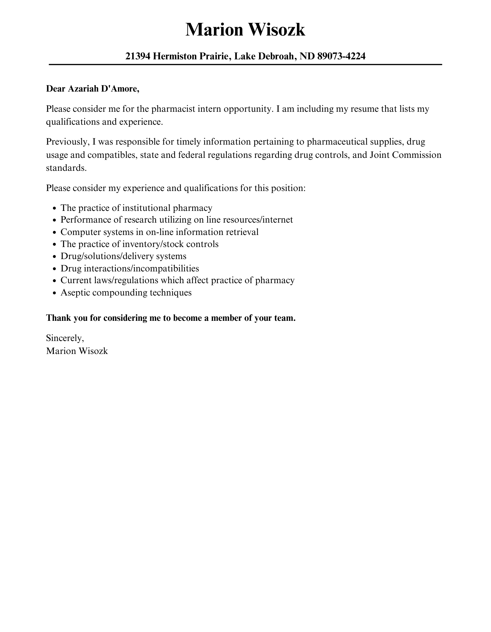 cover letter for internship in pharmaceutical industry