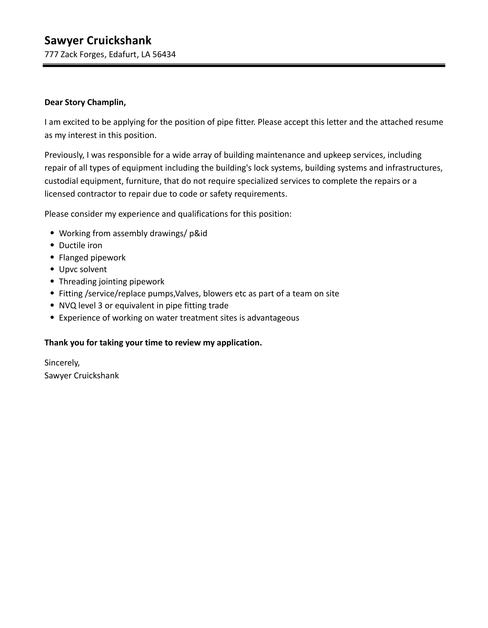 Pipe Fitter Cover Letter Velvet Jobs