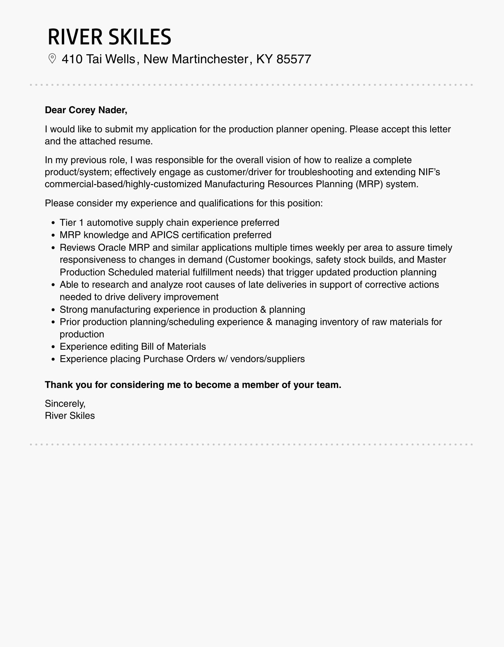 Production Planner Cover Letter Velvet Jobs