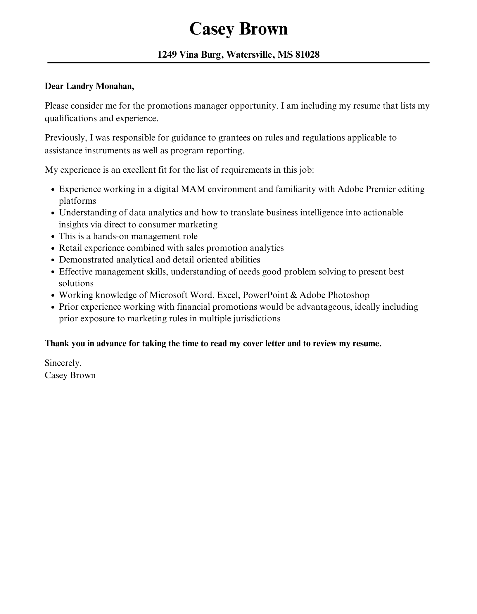 cover letter for promotion to manager