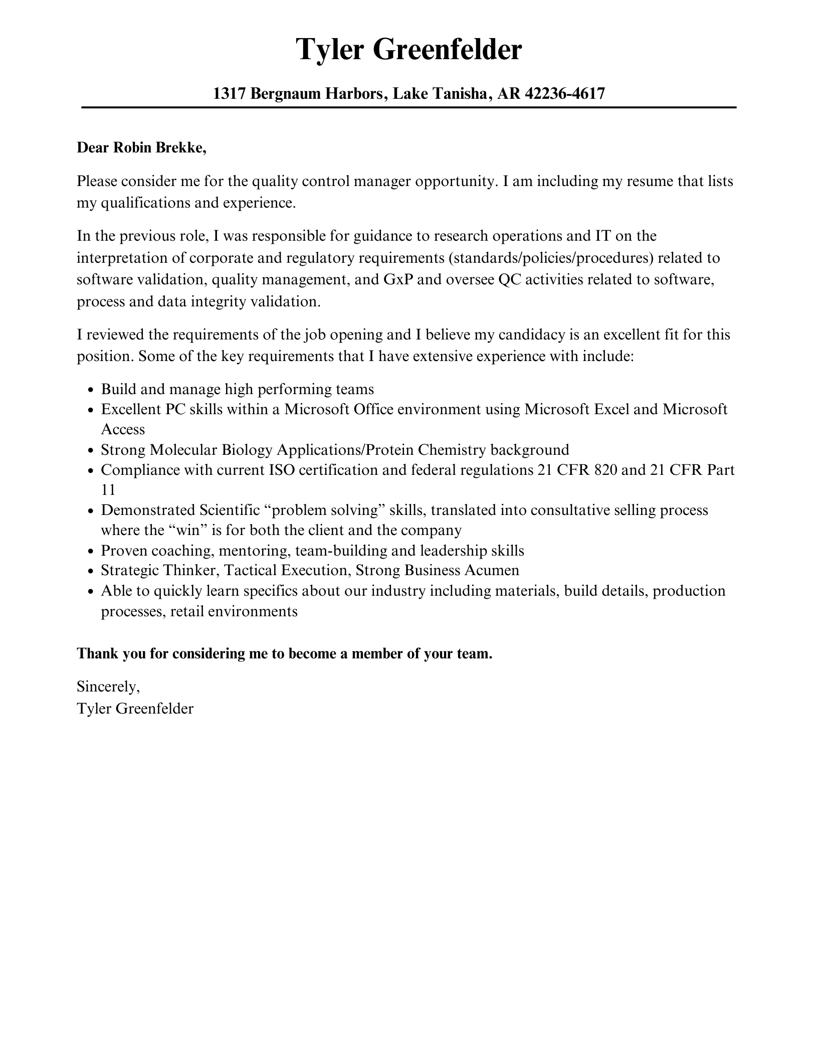 Quality Control Manager Cover Letter Sample