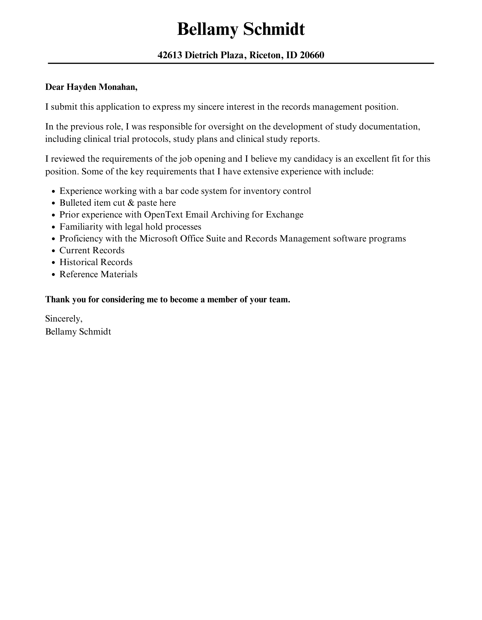 Records Management Cover Letter Velvet Jobs