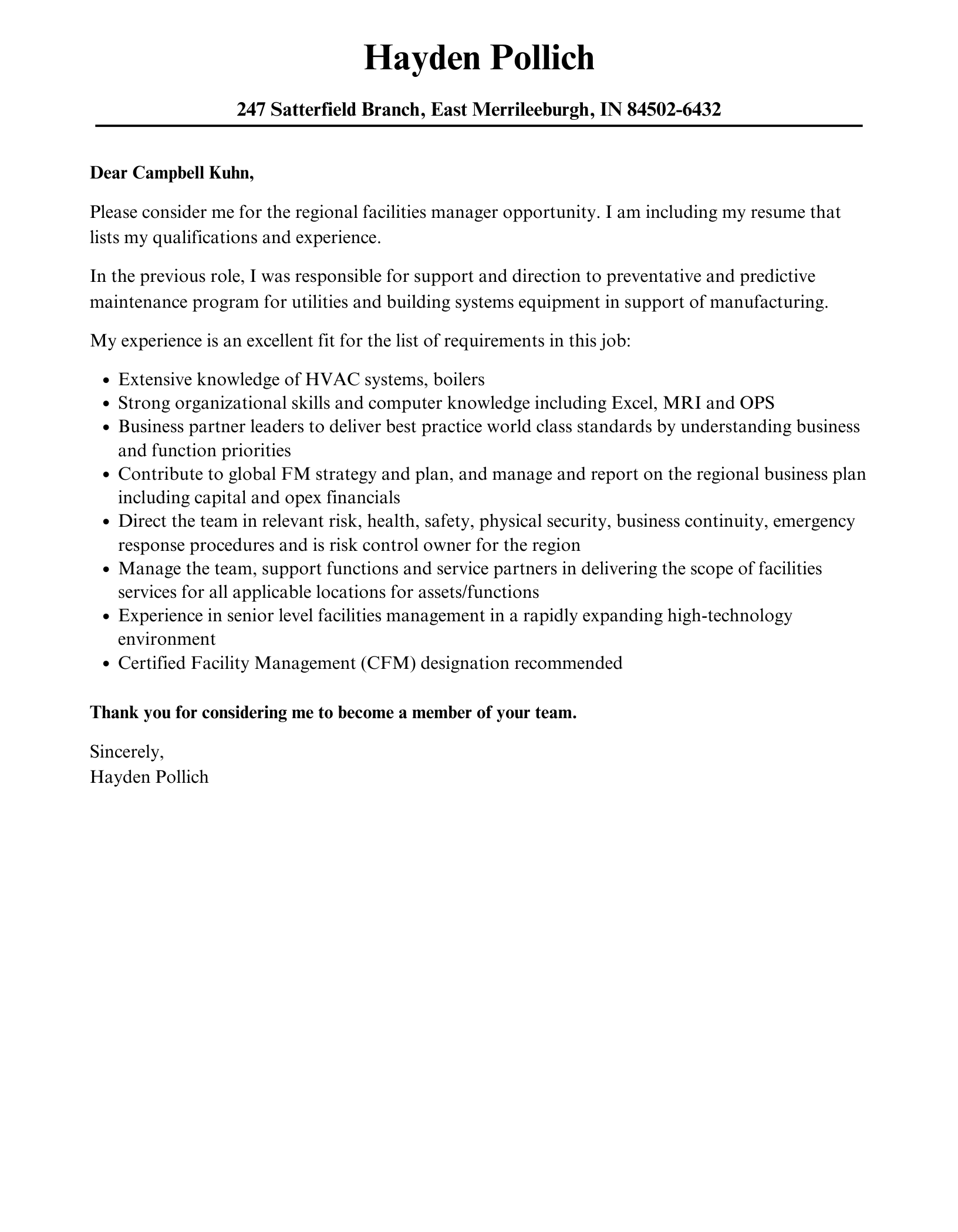 Regional Facilities Manager Cover Letter Velvet Jobs