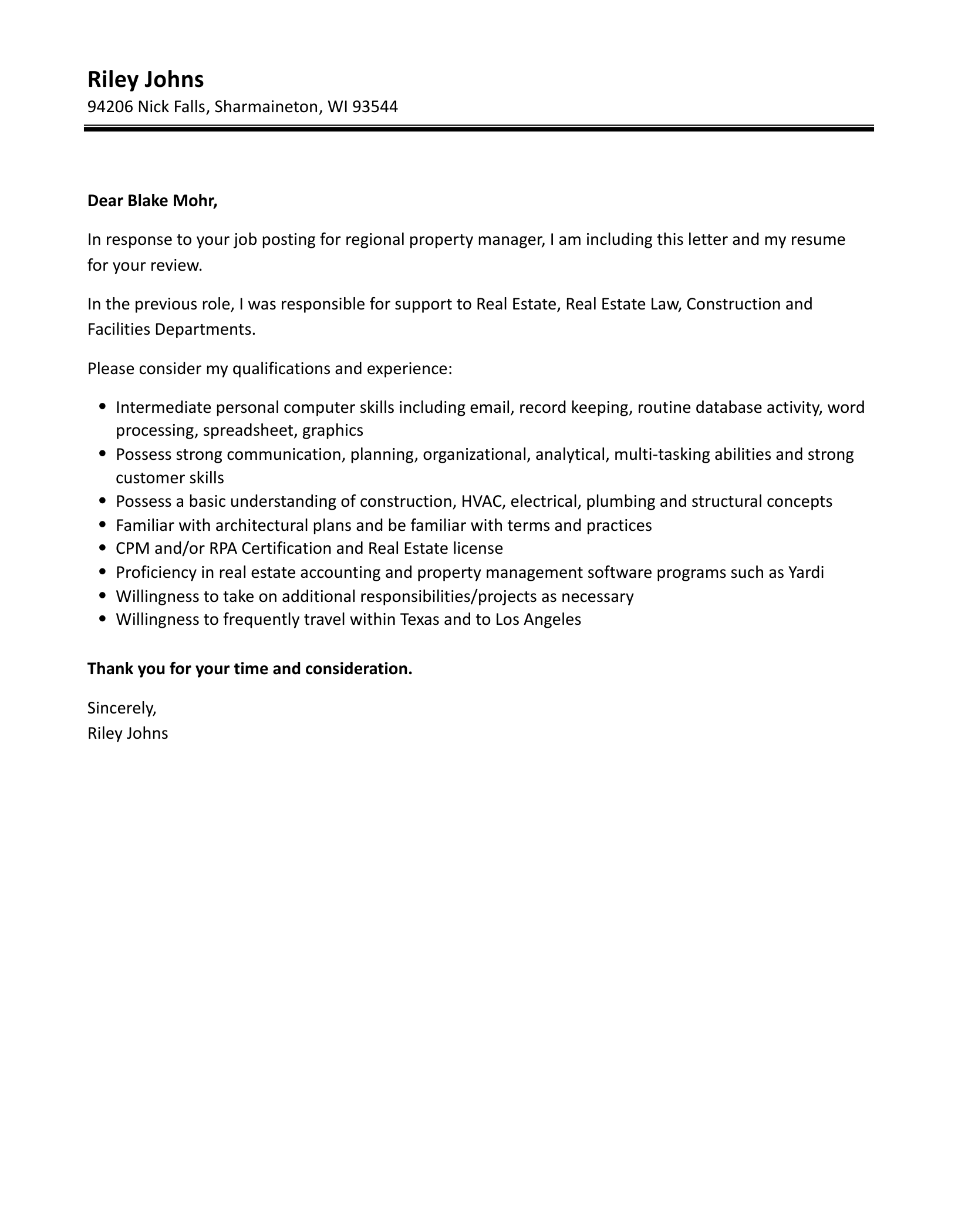 Regional Property Manager Cover Letter Velvet Jobs