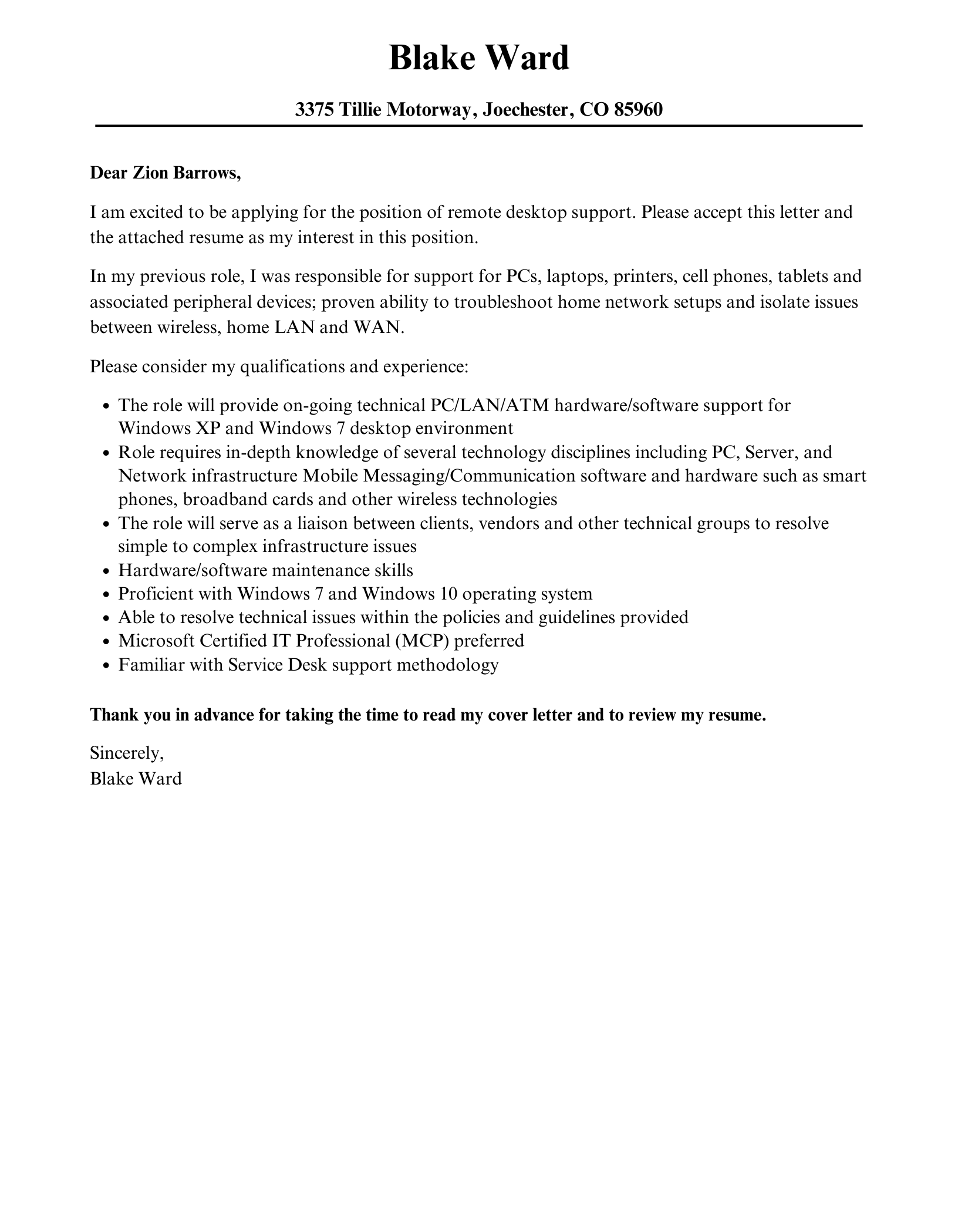Remote Desktop Support Cover Letter Velvet Jobs