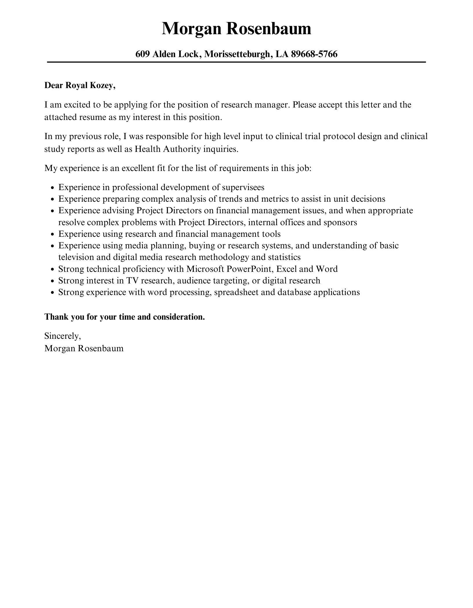 cover letter for research manager